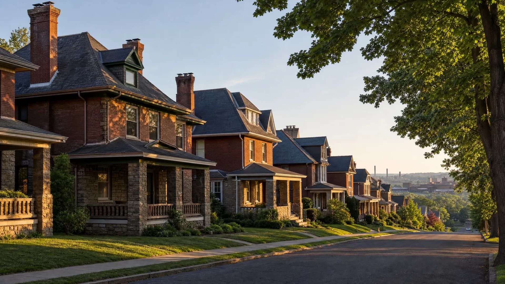 Historic brick homes with deep front porches on a tree-shaded street in Bethlehem, PA, served by Conrad General Contracting.