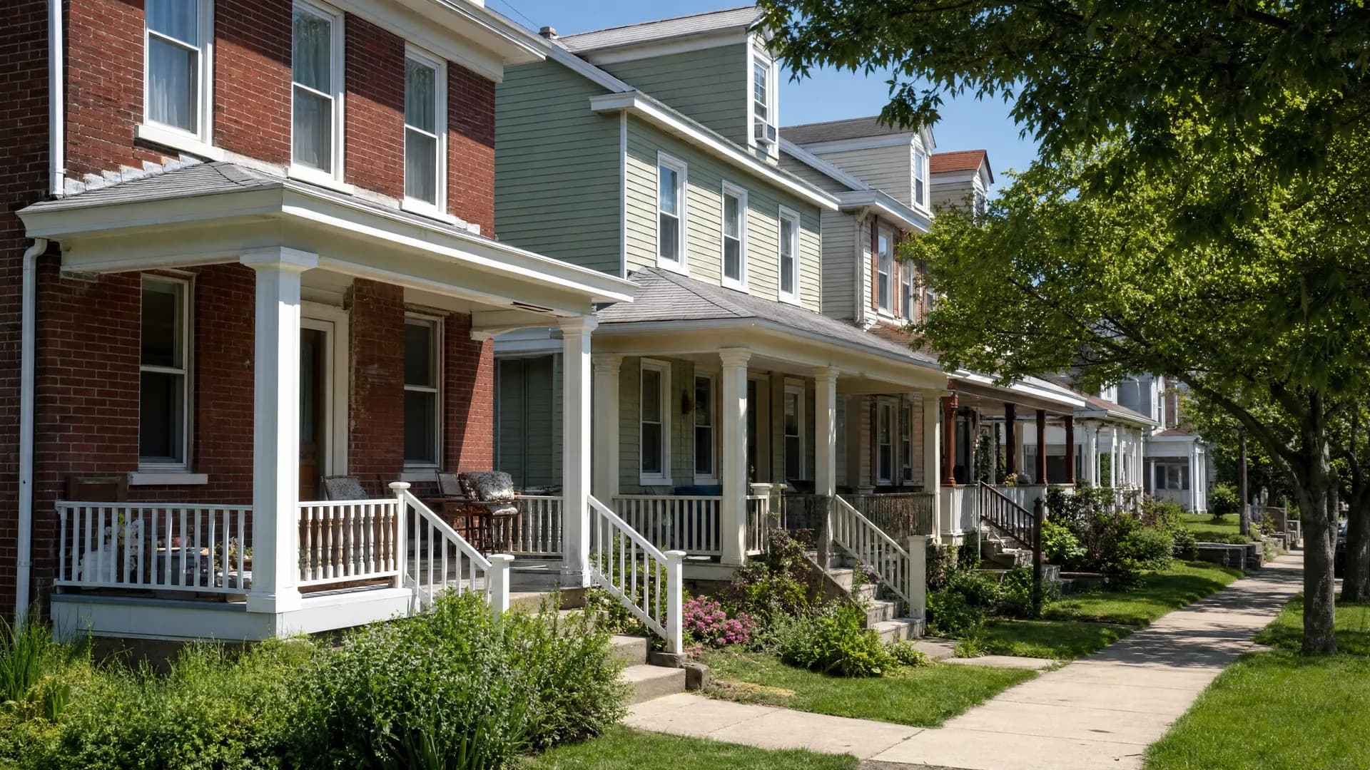 Modest borough homes with covered front porches in Northampton, PA, served by Conrad General Contracting.