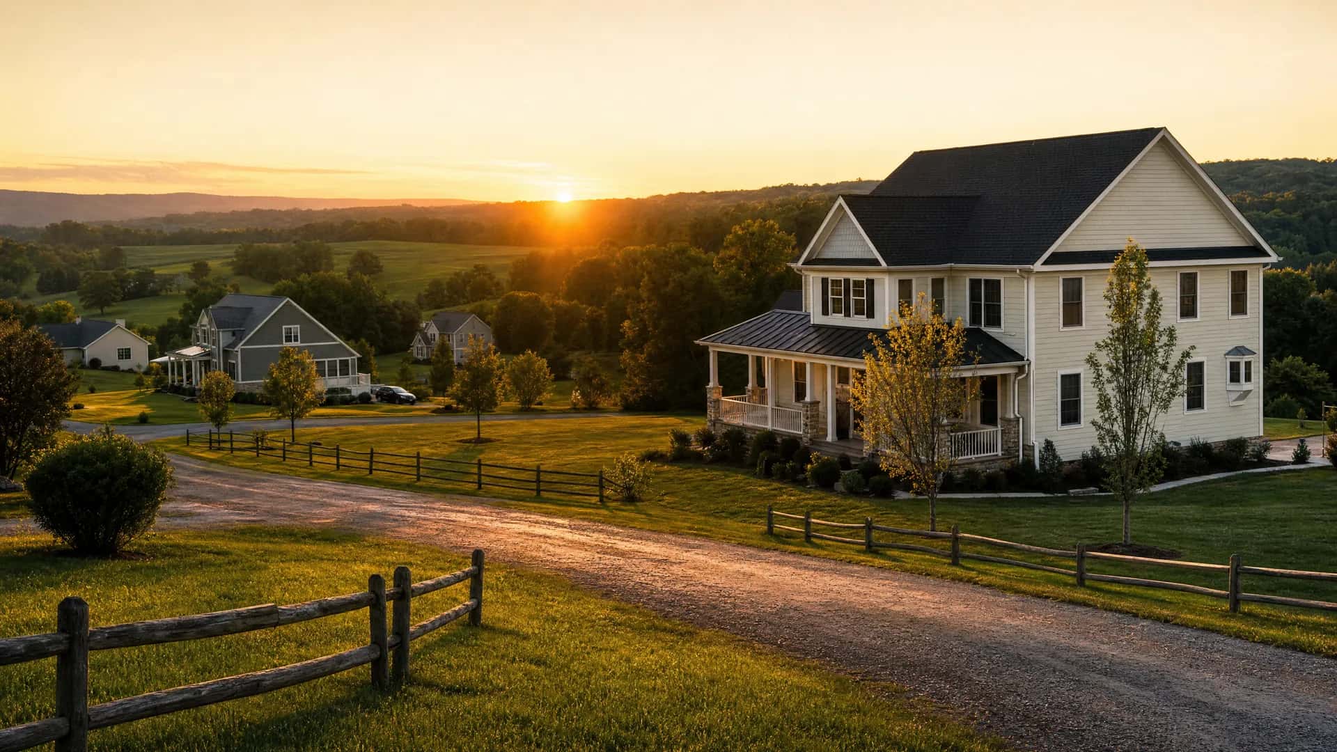 Rural-suburban homes with rolling green fields beyond in Orefield, PA, served by Conrad General Contracting.