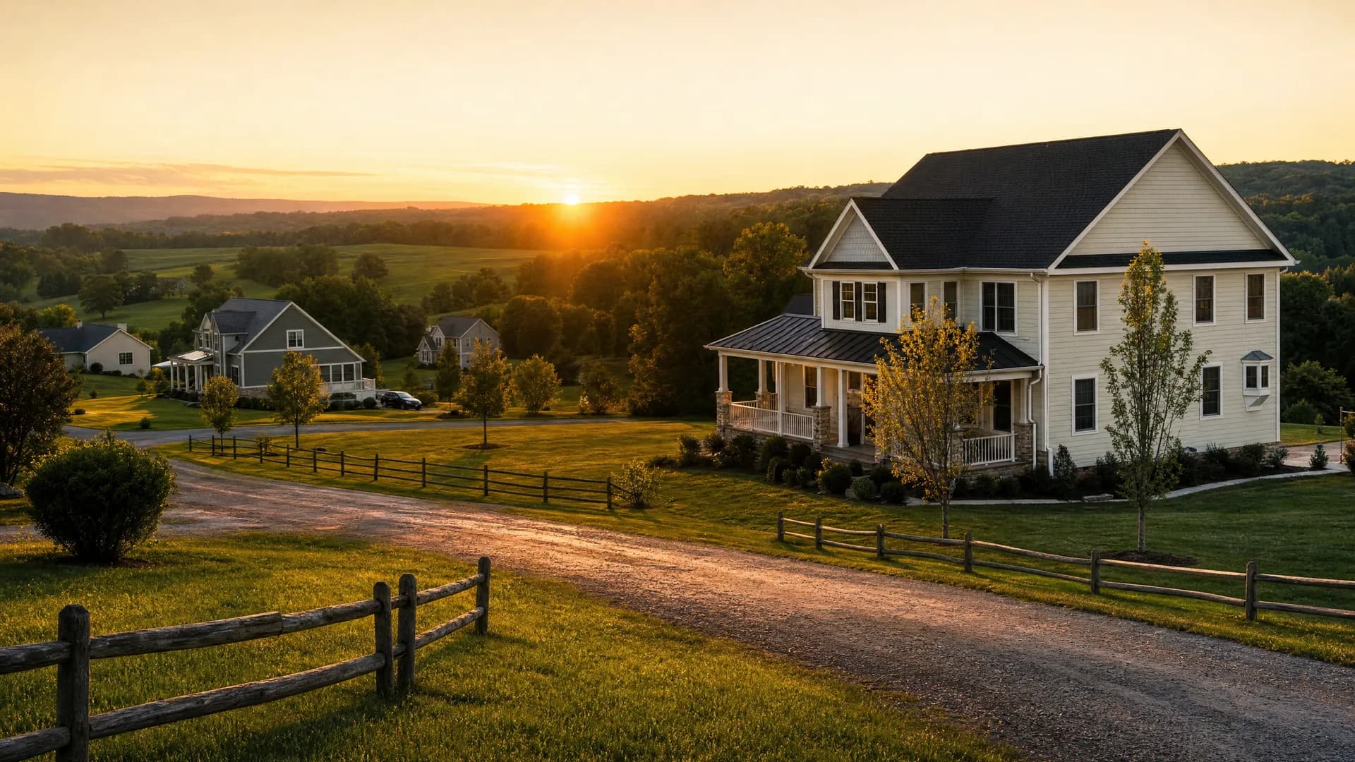 Rural-suburban homes with rolling green fields beyond in Orefield, PA, served by Conrad General Contracting.