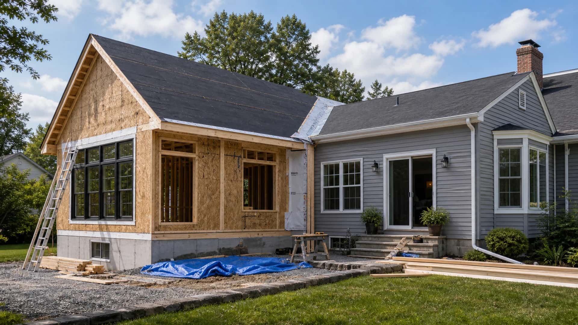 Home addition under construction with roofline, siding, windows, and foundation tied into an existing Lehigh Valley home.