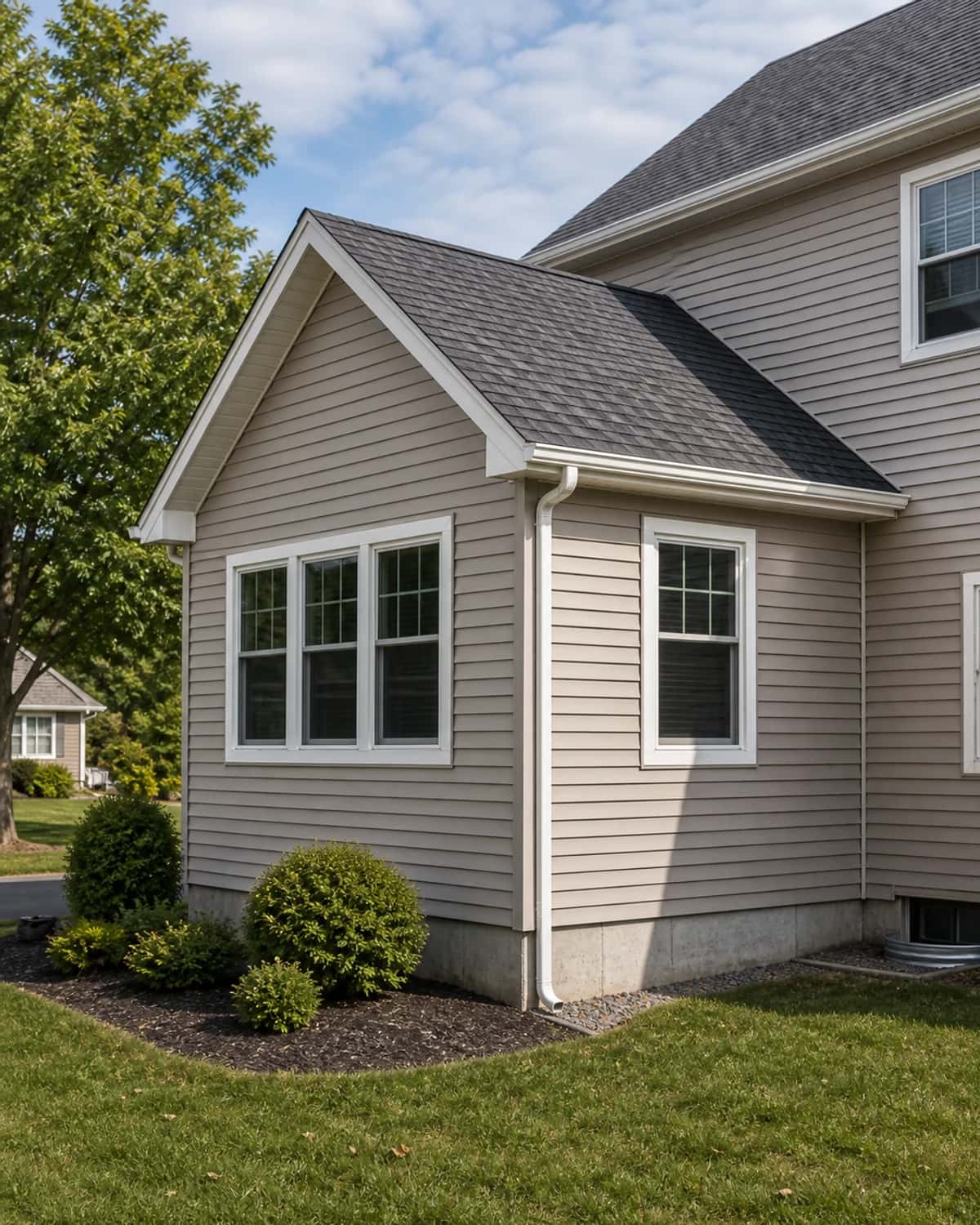 Exterior home addition with matching siding, windows, roofline, and clean connection to existing home