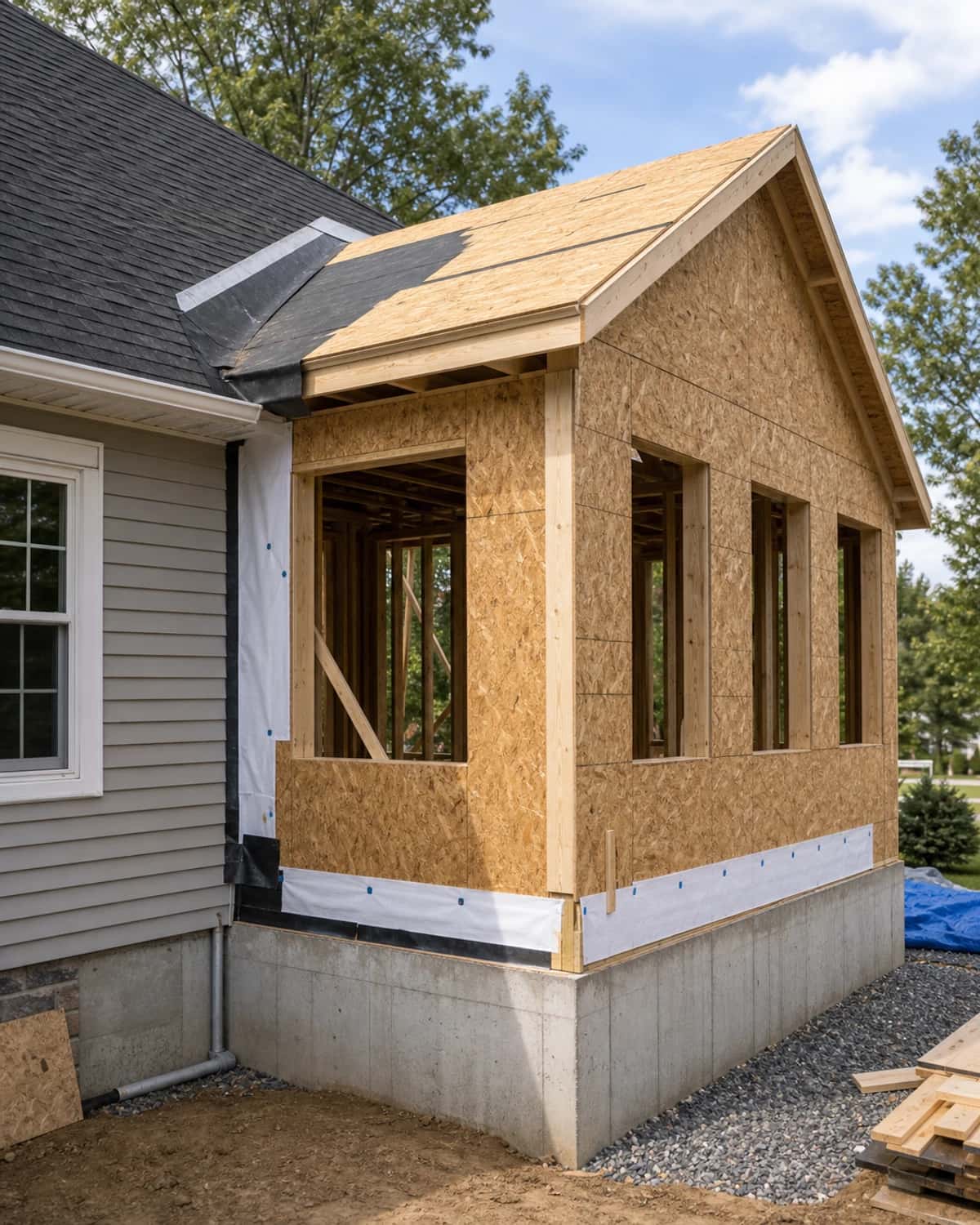 Home addition construction detail with foundation, framing, roof tie-in, and organized materials