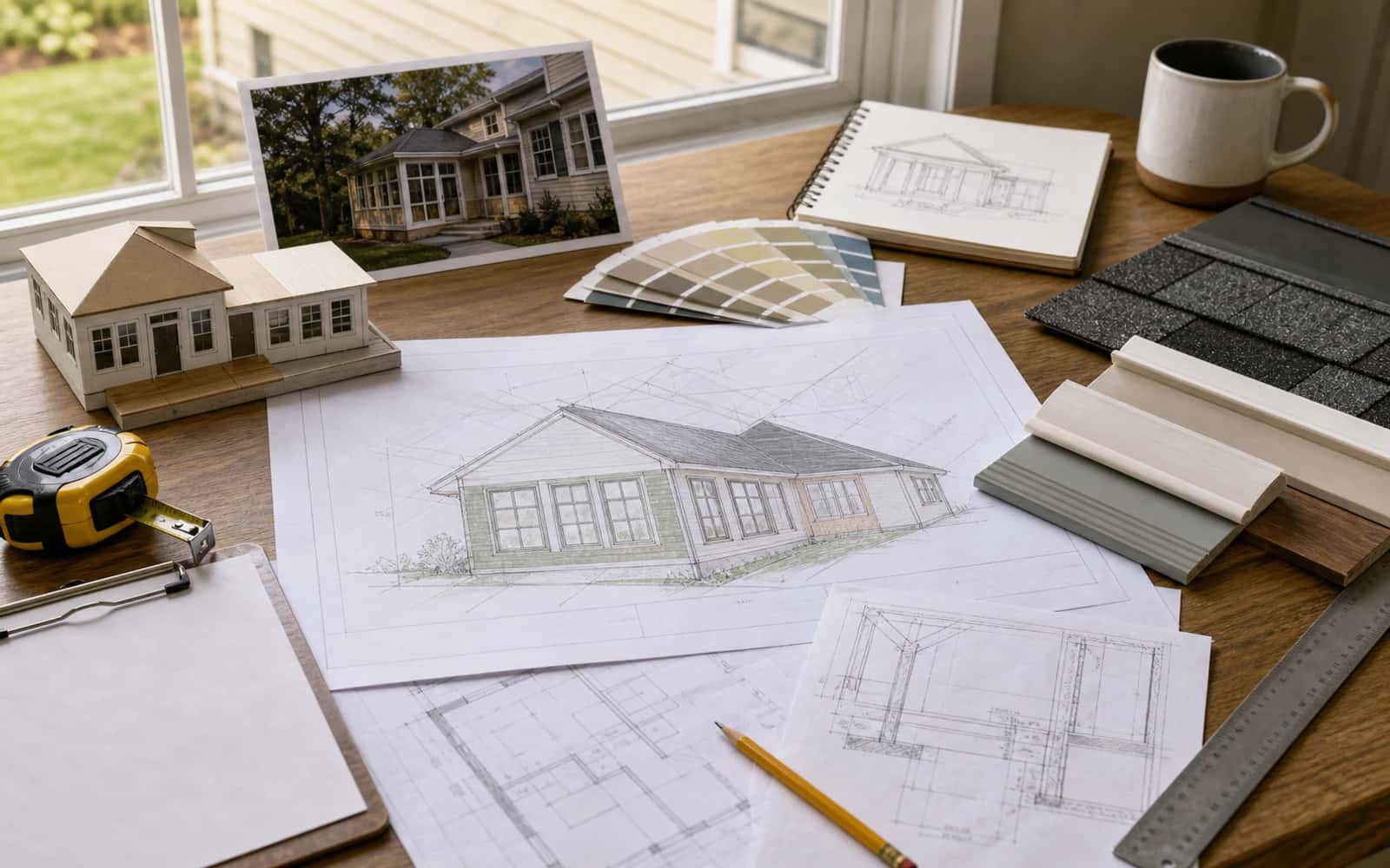 Home addition planning table with layout review, material samples, and structural planning