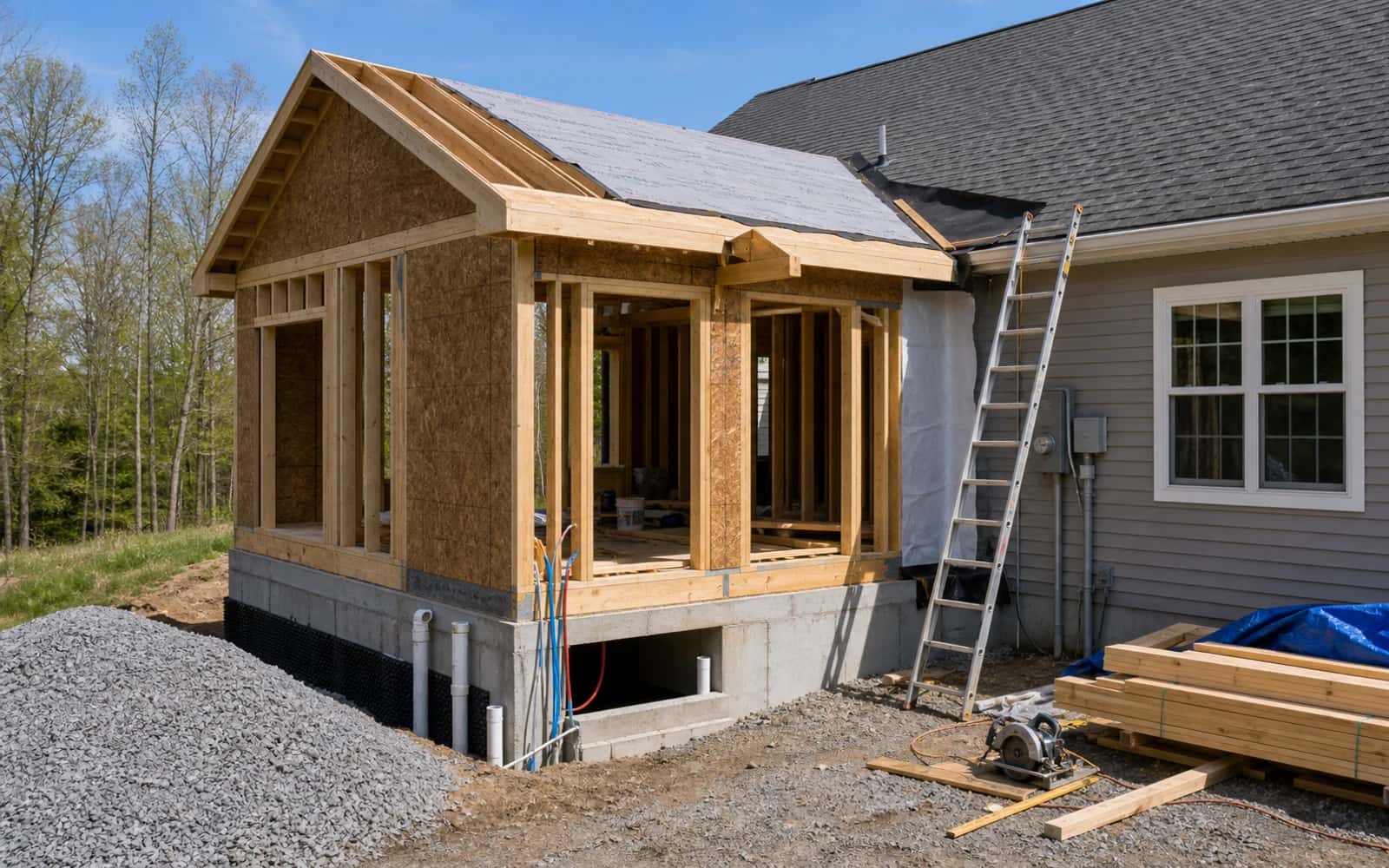 Home addition framing and roofline integration work with foundation and utility coordination