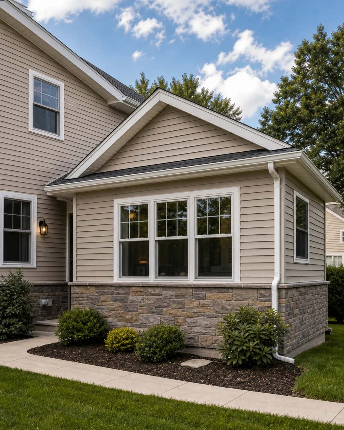 Completed home addition integrated with original exterior materials and clean finish work