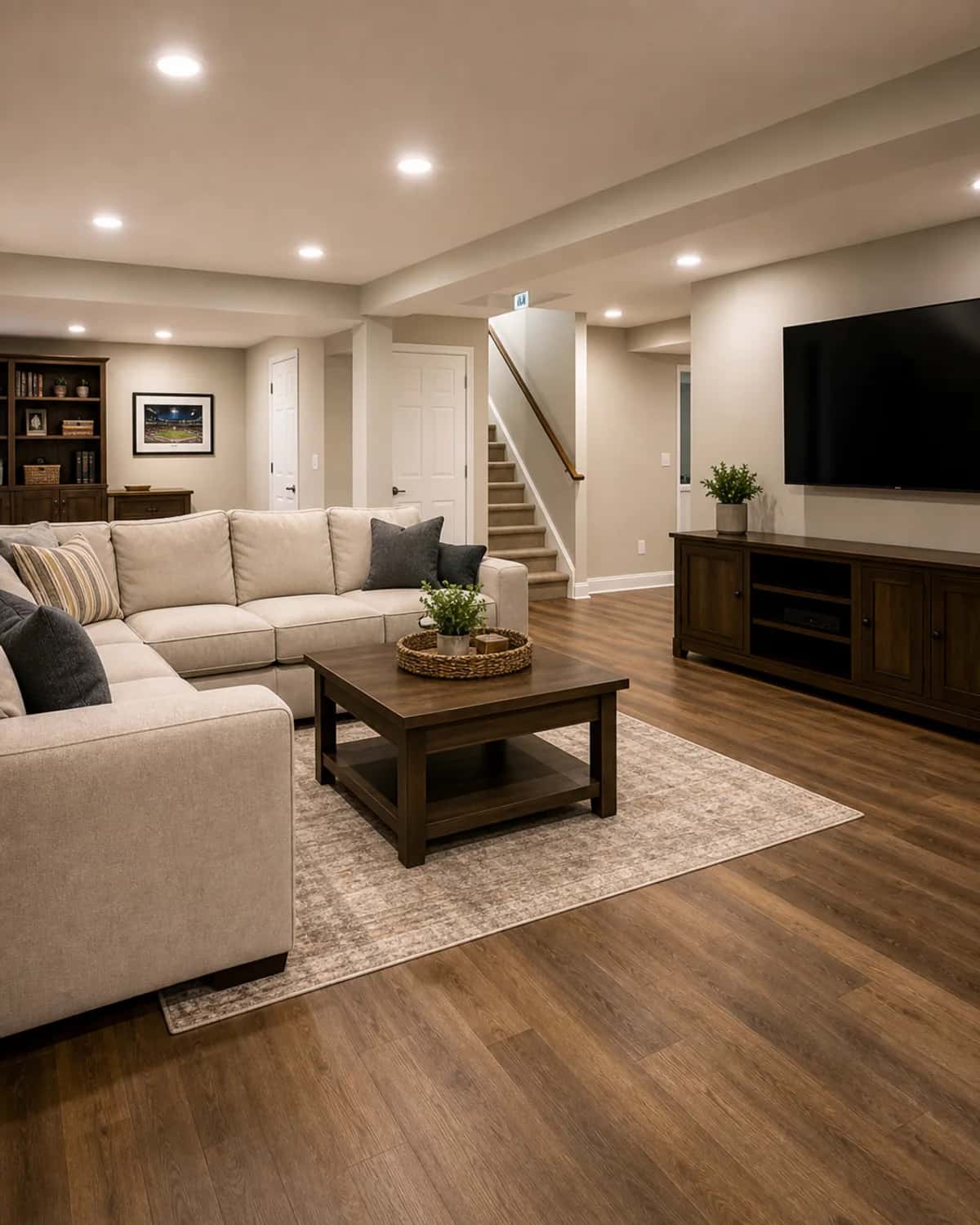 Finished basement family room with durable flooring and comfortable layout