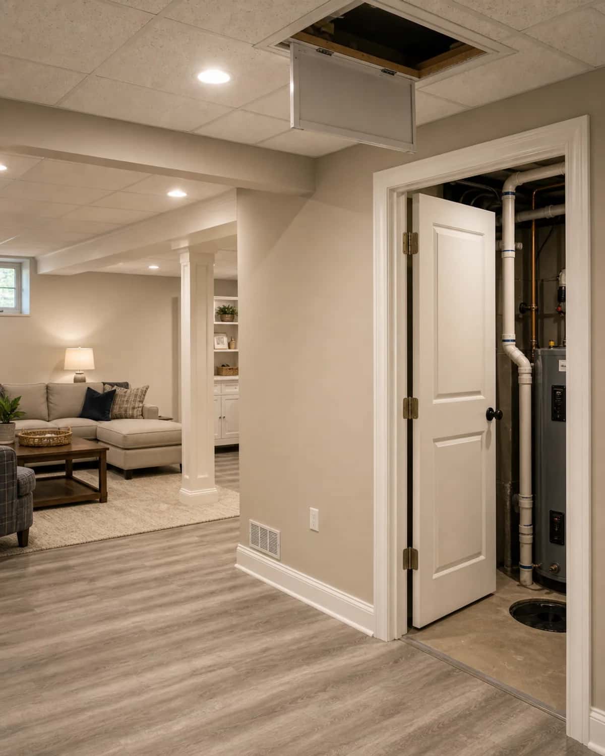 Basement finishing concept with flexible living and entertainment space