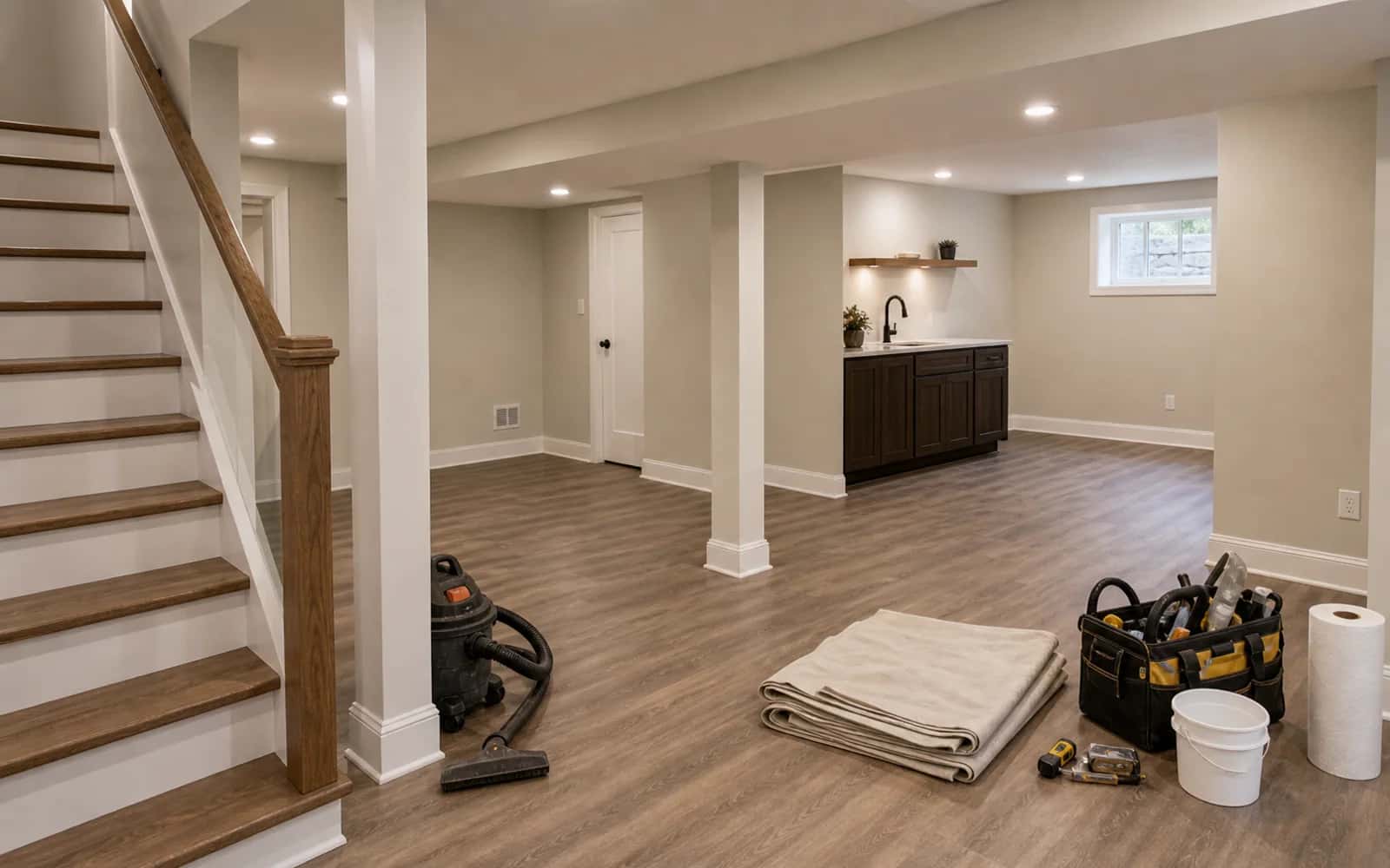 Finished basement with improved lighting, flooring, and comfortable finishes