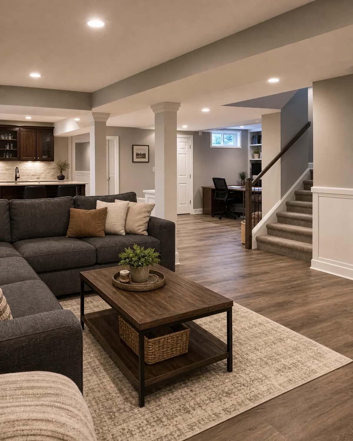 Completed basement finishing project with flexible living space
