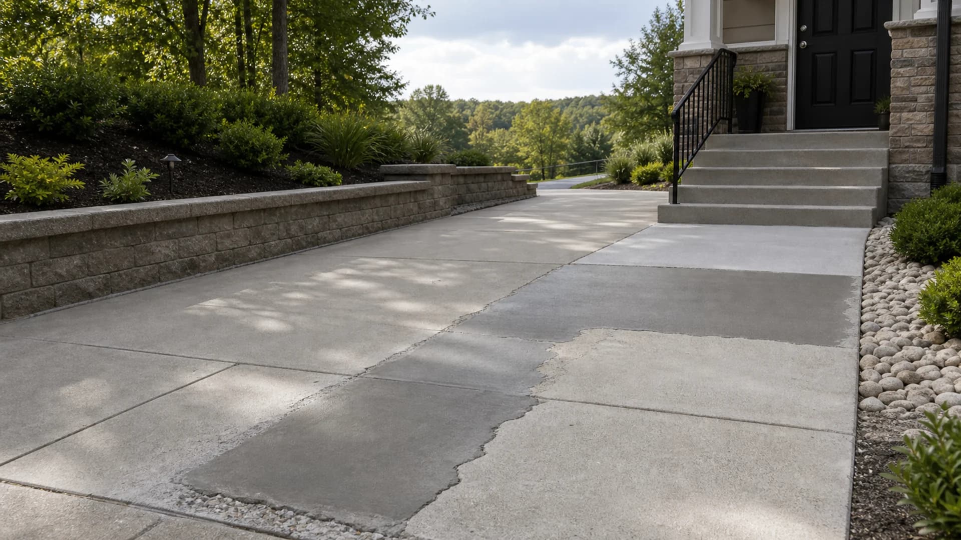 Concrete restoration and repair with cracks, spalling, resurfacing, overlays, joints, sealing, grinding, patching, and replacement sections.