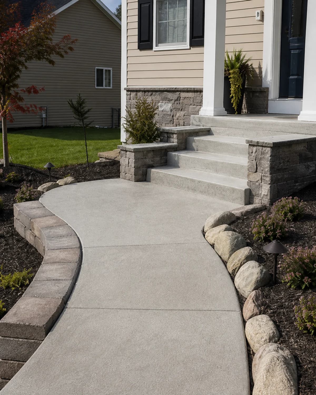 Restored walkway, step, driveway, patio, or concrete surface after professional repair with realistic texture and clean transitions