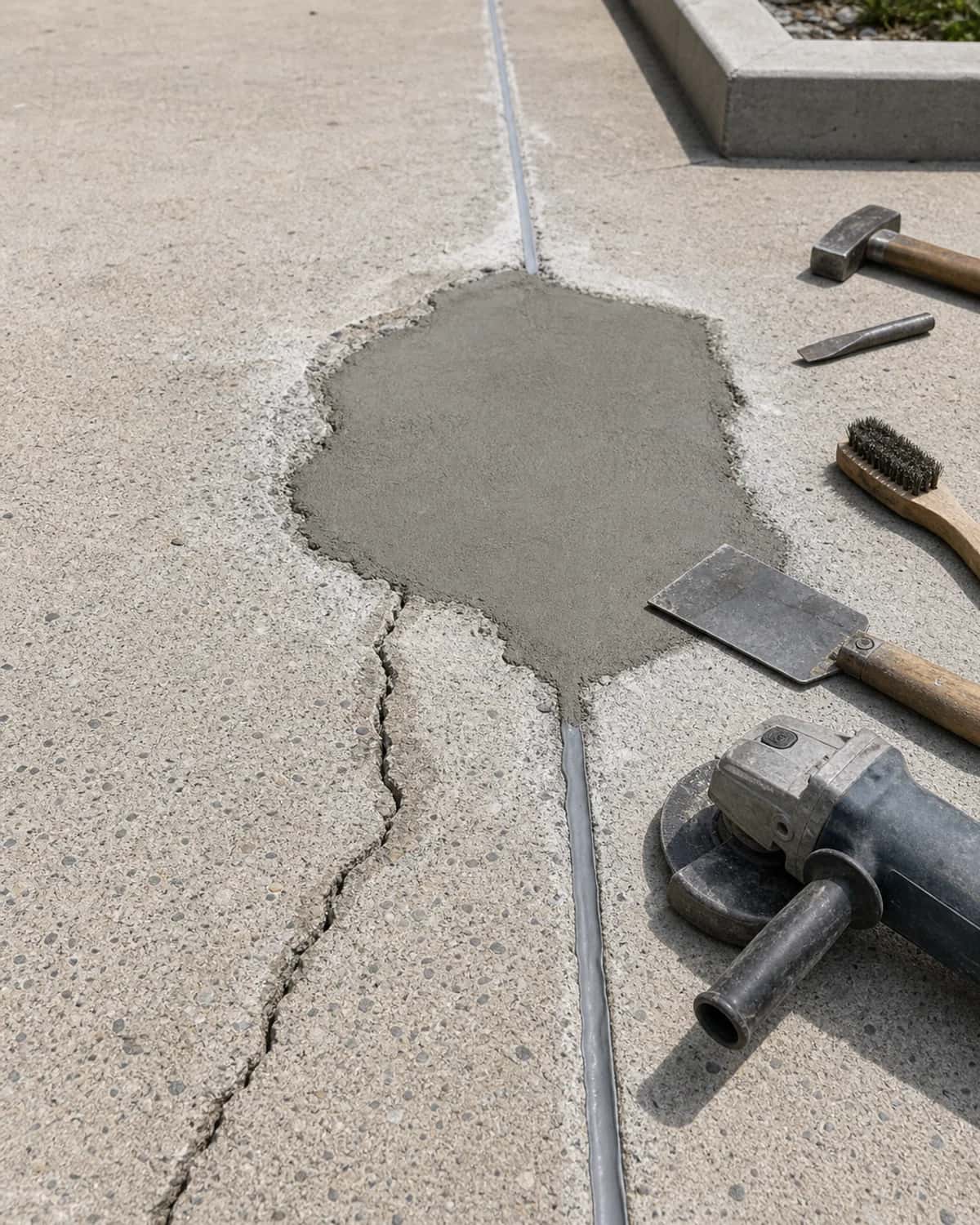 Concrete repair detail with crack repair, spall patch, joint repair, resurfacing, grinding, or sealing detail