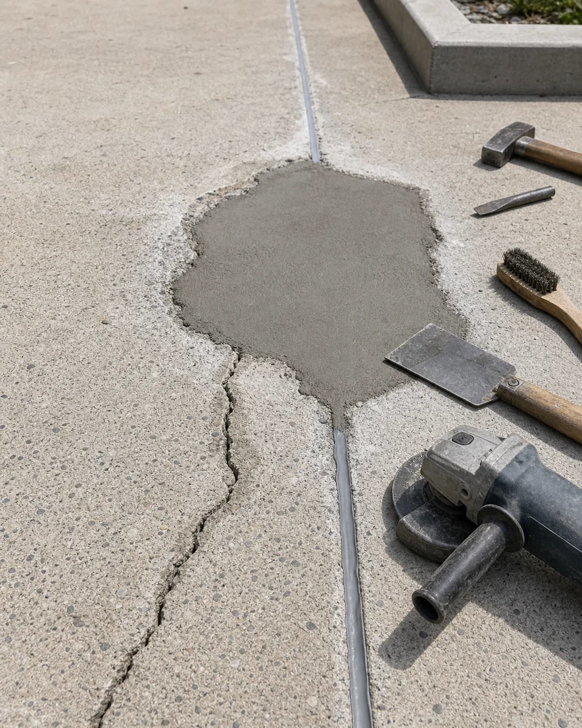 Concrete repair detail with crack repair, spall patch, joint repair, resurfacing, grinding, or sealing detail