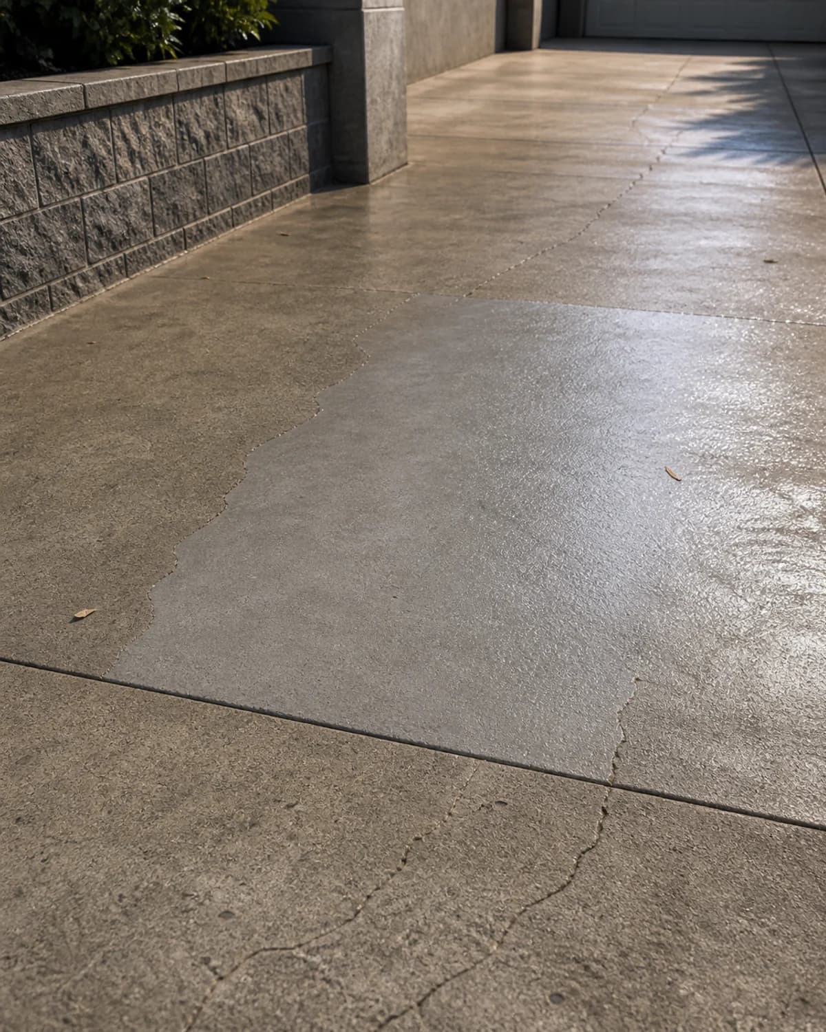 Sealed or repaired concrete section with a clean transition between old and new material, realistic color variation, and durable finish