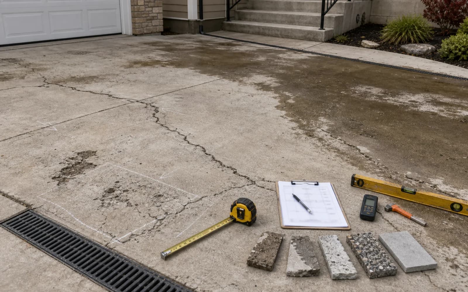 Damage assessment and repair-scope review for cracks, spalling, joints, drainage, and surface condition with tools and unreadable notes