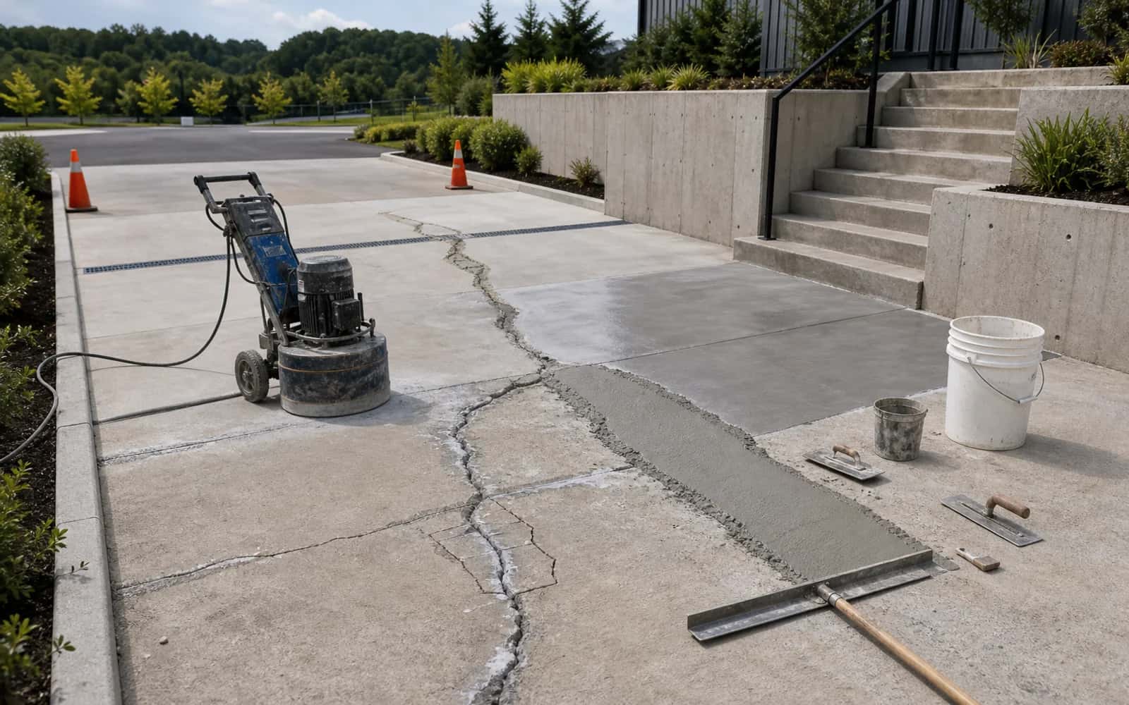 Grinding, patching, resurfacing, joint prep, overlay, sealing, or concrete repair work in progress