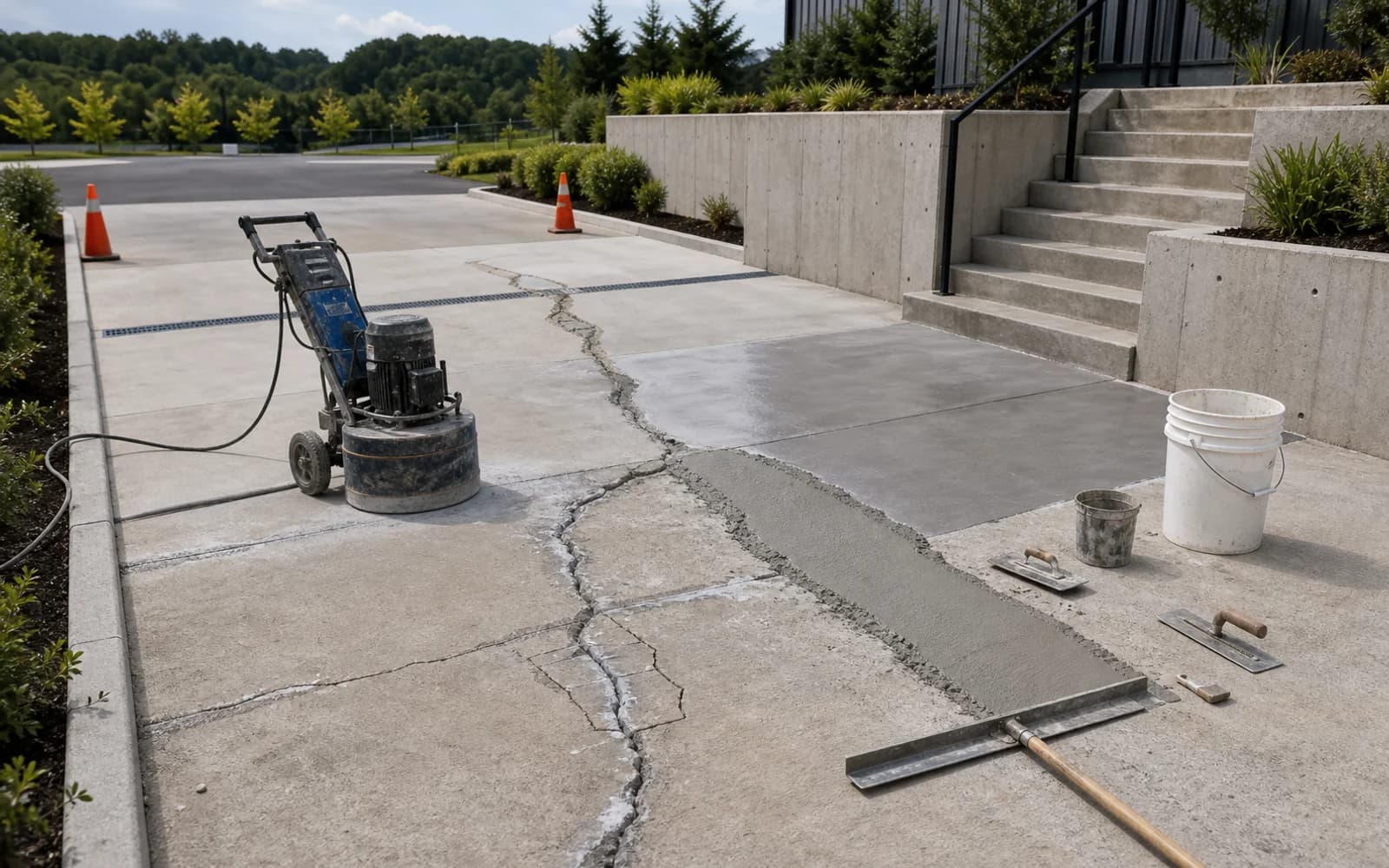 Grinding, patching, resurfacing, joint prep, overlay, sealing, or concrete repair work in progress