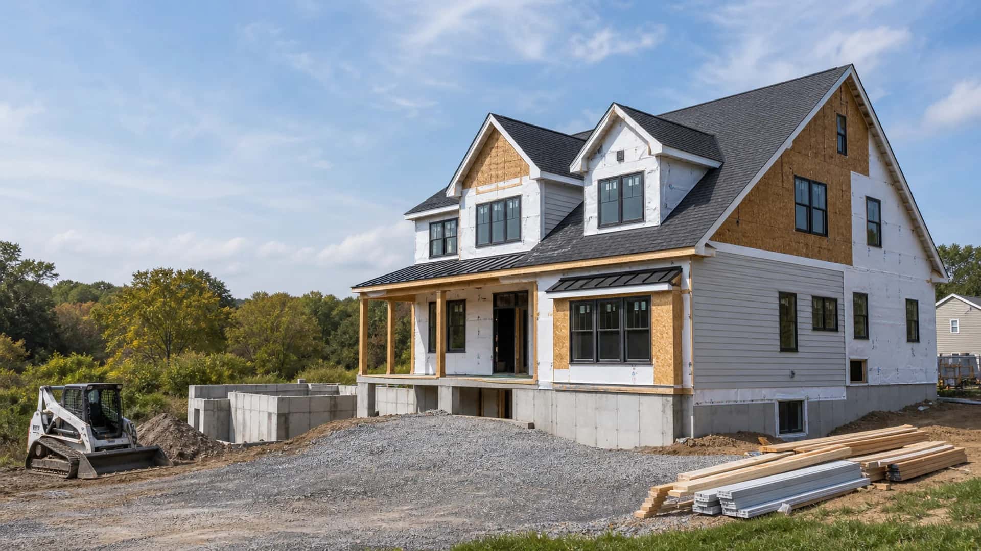 Custom home build with foundation, exterior envelope, and organized site work in a Pennsylvania setting.