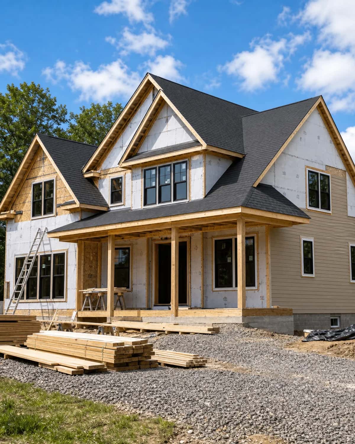 Custom home exterior under construction with framing, windows, porch, and organized materials