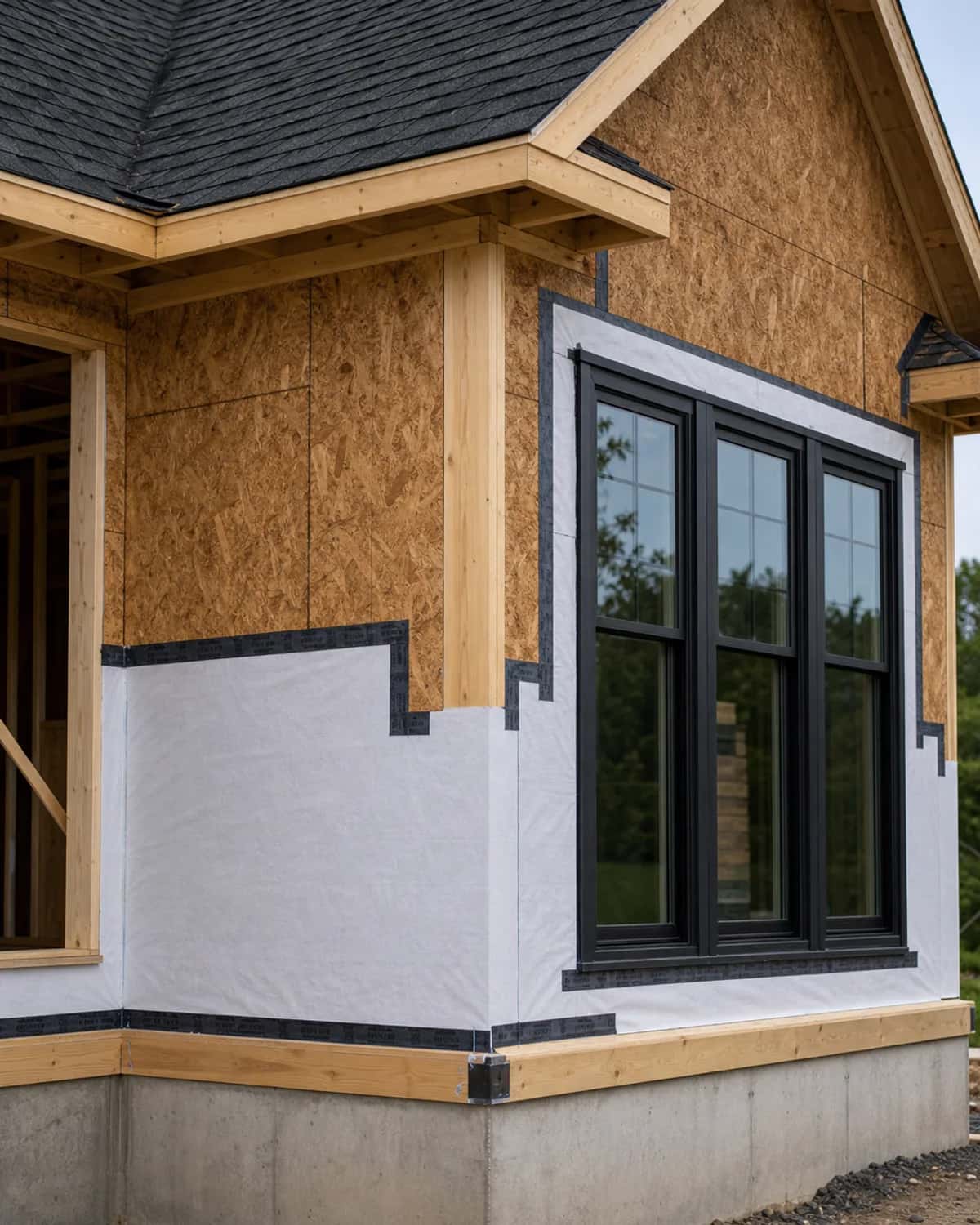 Custom home envelope detail with sheathing, window alignment, flashing, and foundation edge