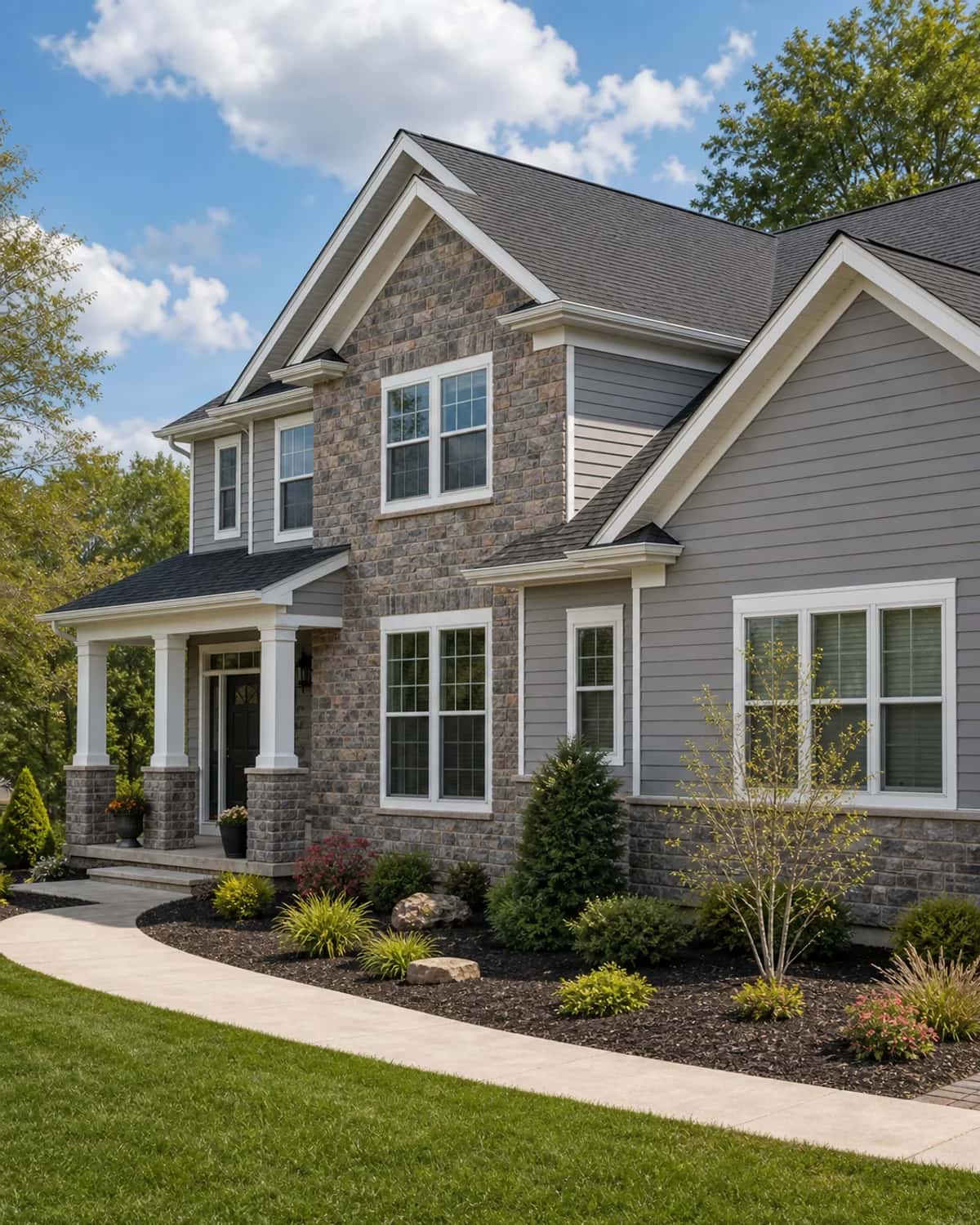 Finished custom home exterior with stone, siding, windows, and practical landscaping