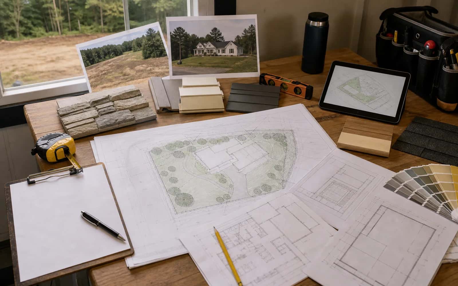 Custom home planning table with site layout, material samples, and foundation planning