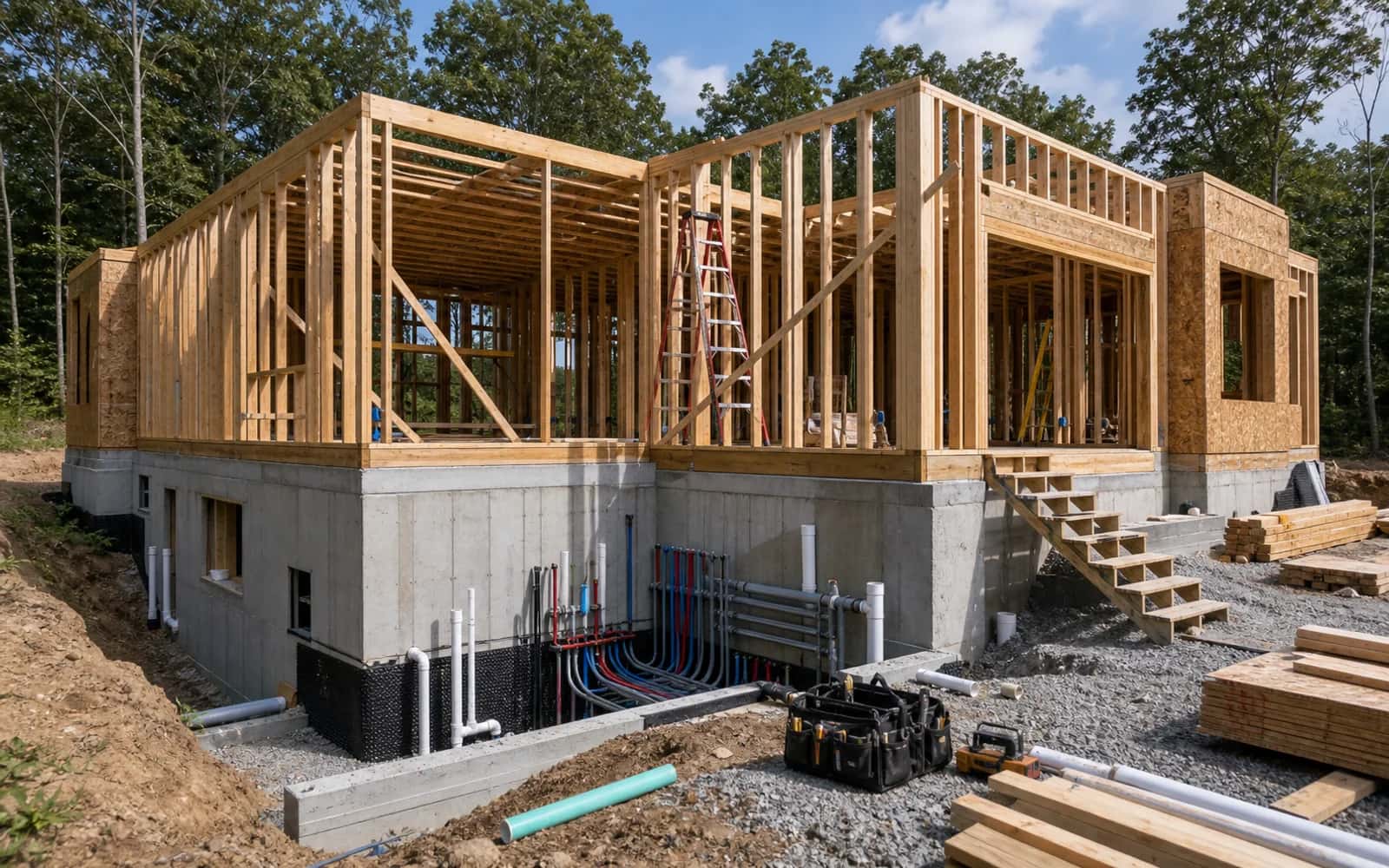 Custom home foundation and framing stage with coordinated utilities and organized materials