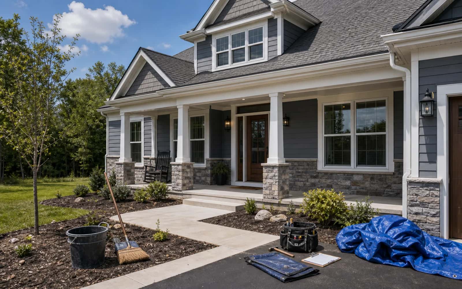 Final custom home exterior cleanup and site preparation before handoff