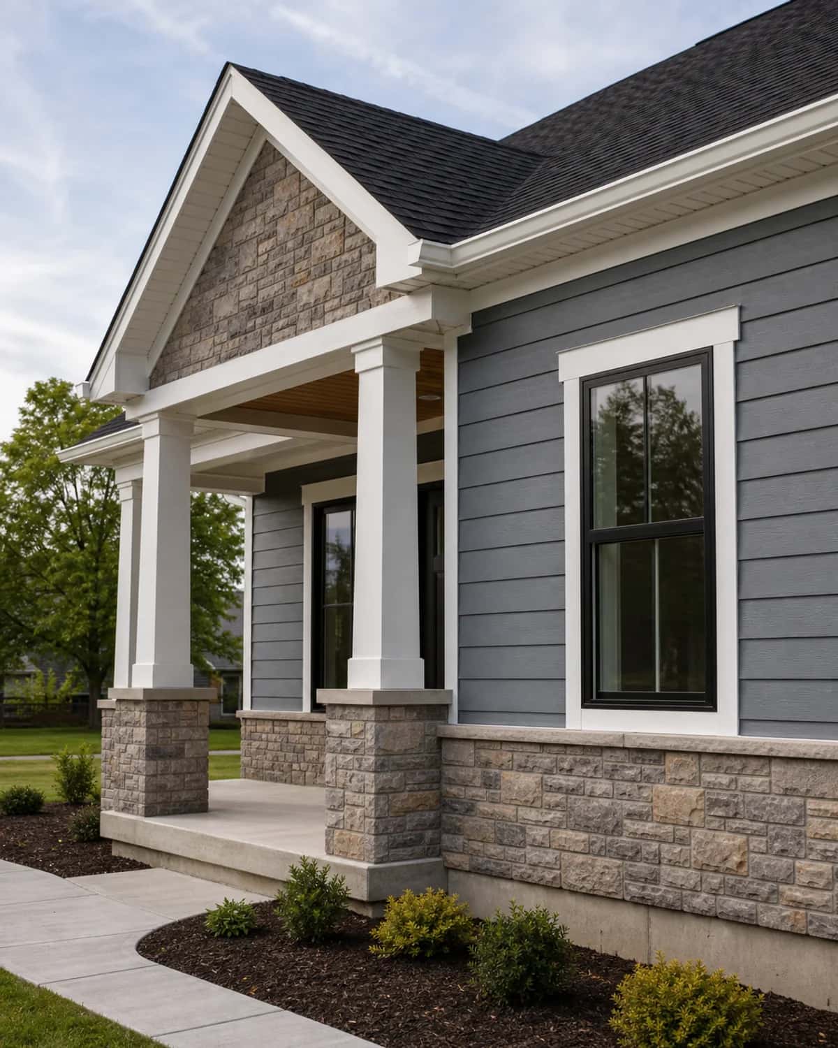 Custom home exterior craftsmanship detail with siding, stone, porch columns, and aligned windows
