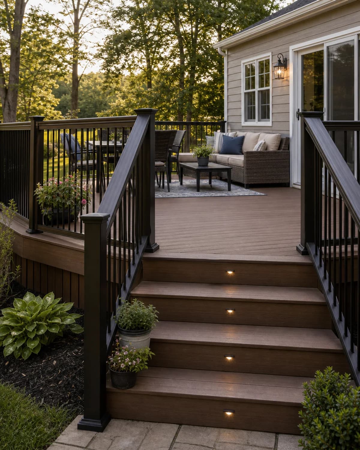 Custom deck installation in a backyard
