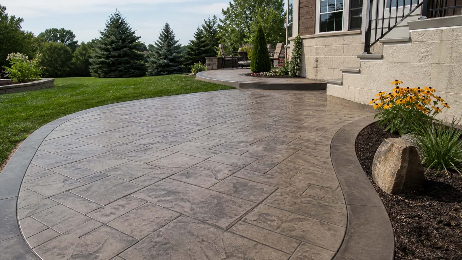 Decorative and stamped concrete with pattern, color, borders, texture, seal, clean edges, and residential exterior use.