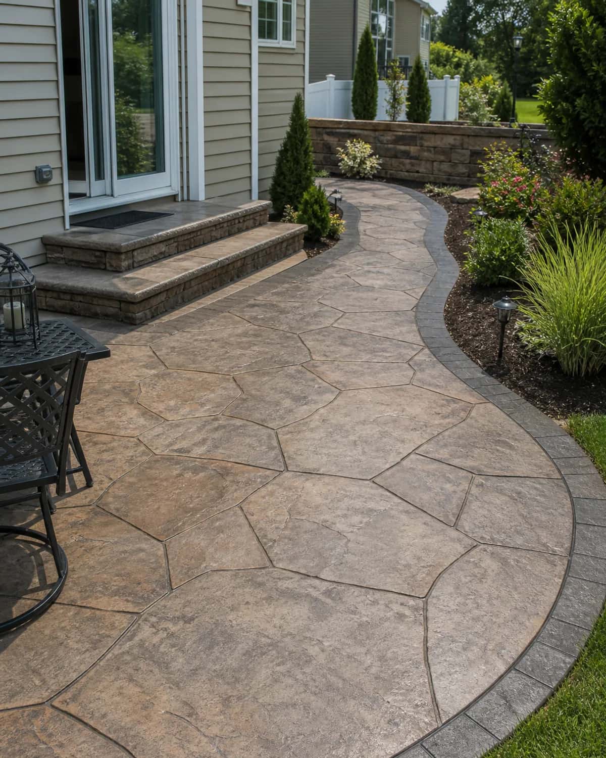 Stamped concrete patio or walkway with natural pattern, clean borders, color variation, and residential outdoor context