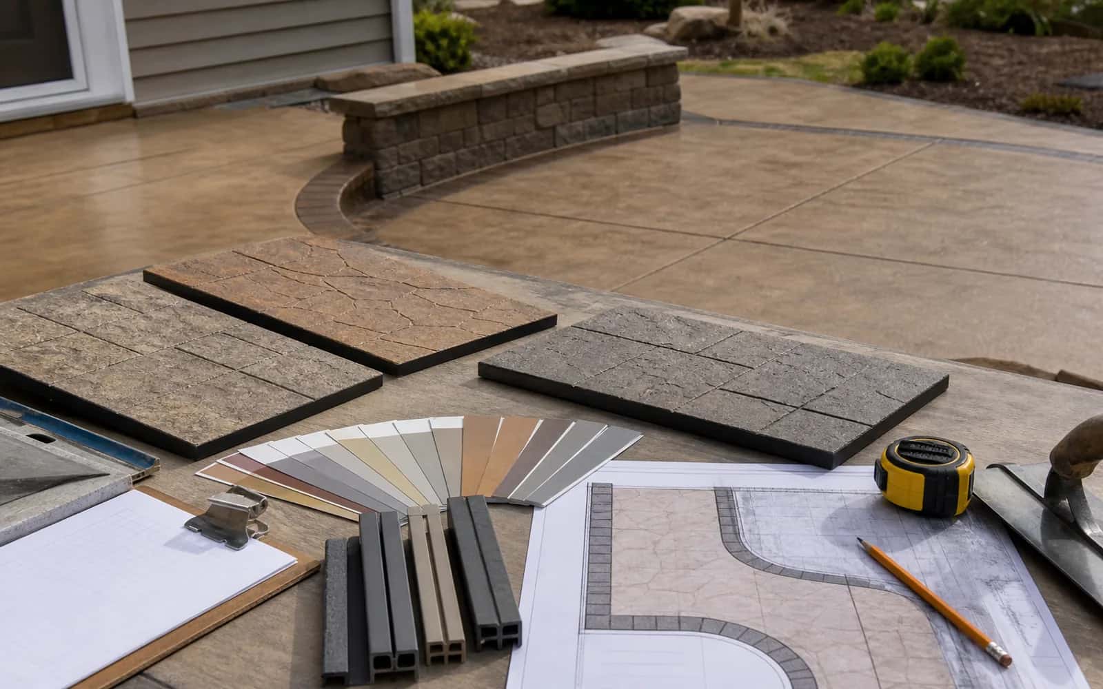 Decorative concrete planning materials for pattern, color, border layout, and expansion-joint selection