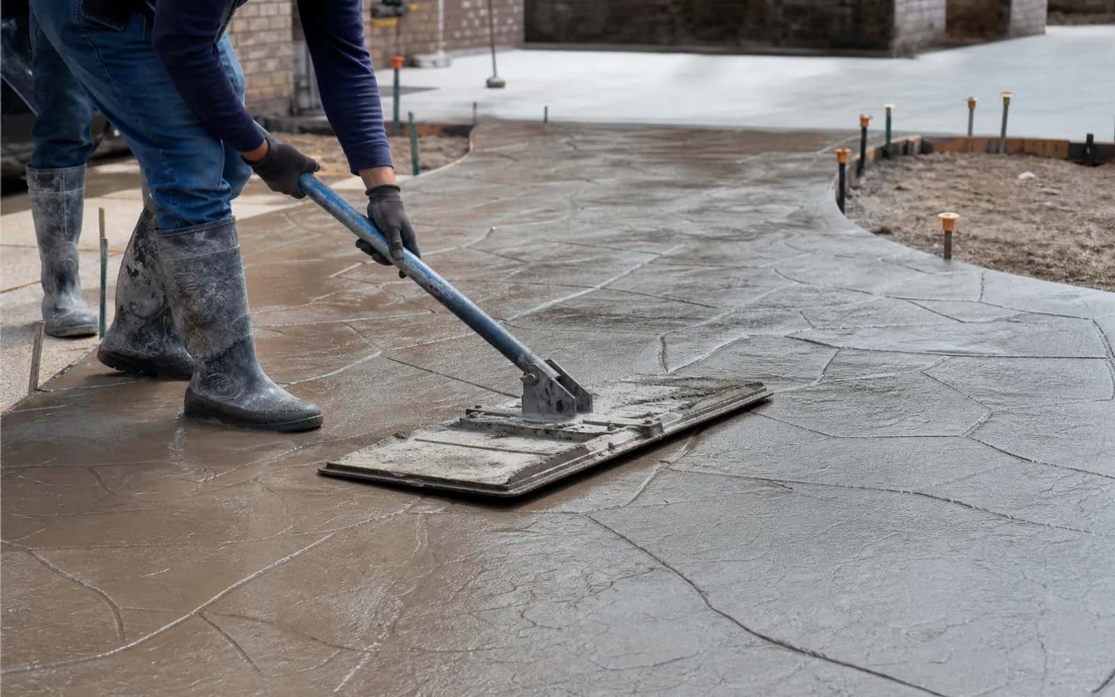 Decorative concrete stamping and finishing process with realistic wet concrete, tools, edging, and safe workmanship