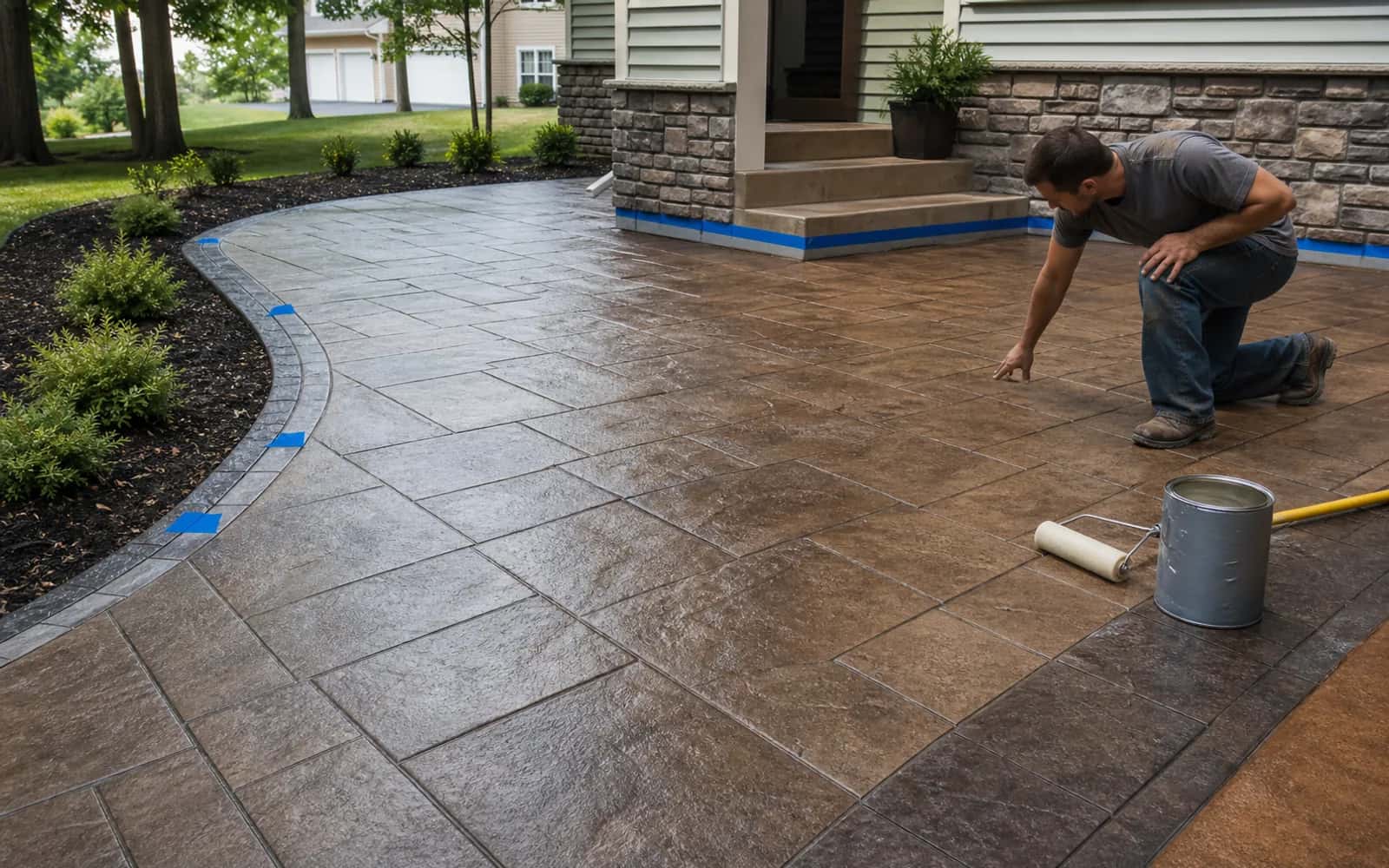 Decorative stamped concrete sealing, cleanup, cure protection, and final inspection