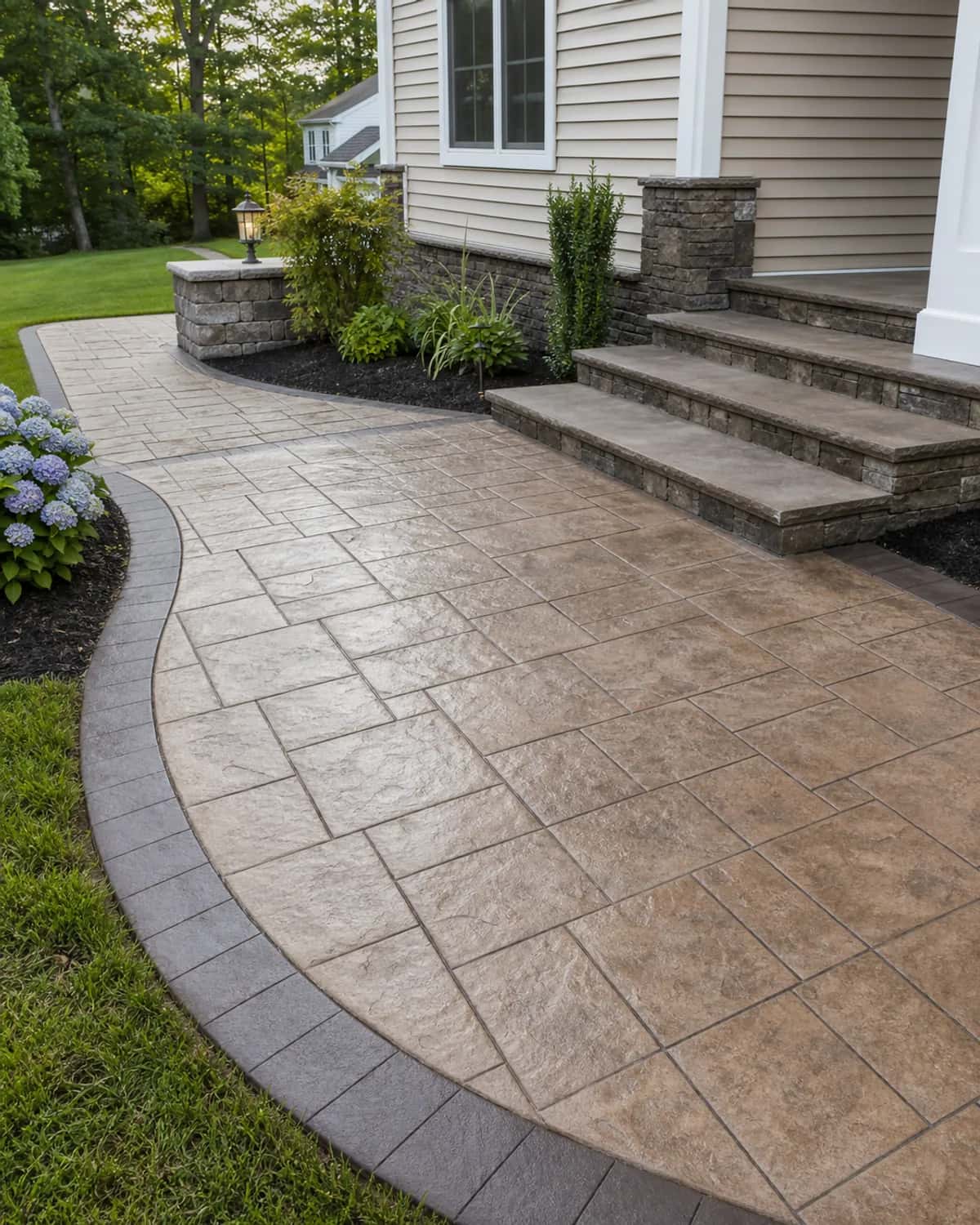 Finished decorative stamped concrete with pattern, color depth, border, clean joints, sealed protection, and tidy residential site context