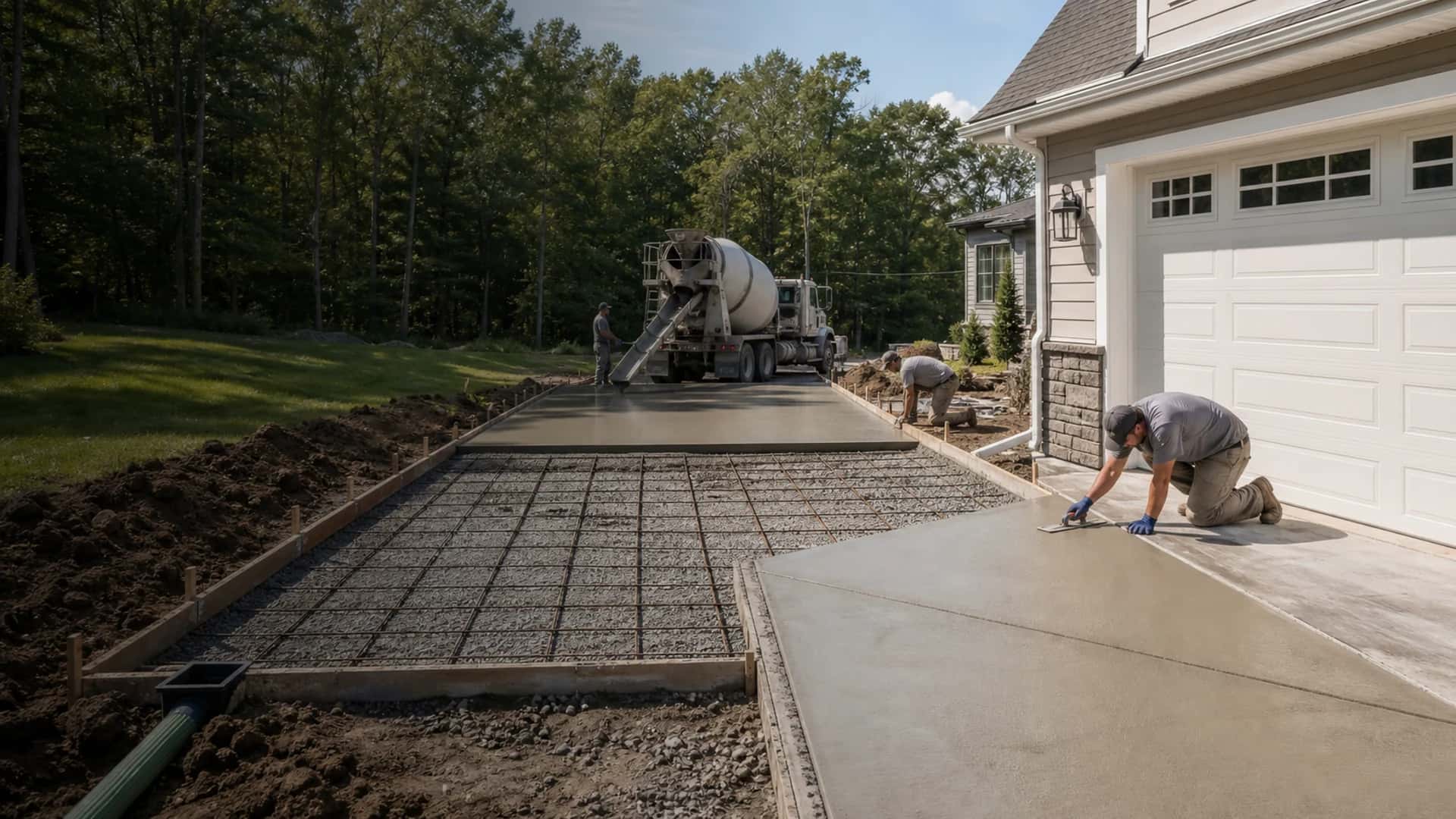 Concrete driveway work with excavation, base prep, forms, reinforcement, finishing, control joints, drainage, and garage apron transitions.
