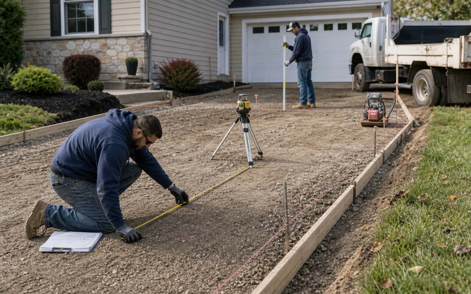 Driveway grade, drainage, access, layout, and base-depth assessment before concrete work