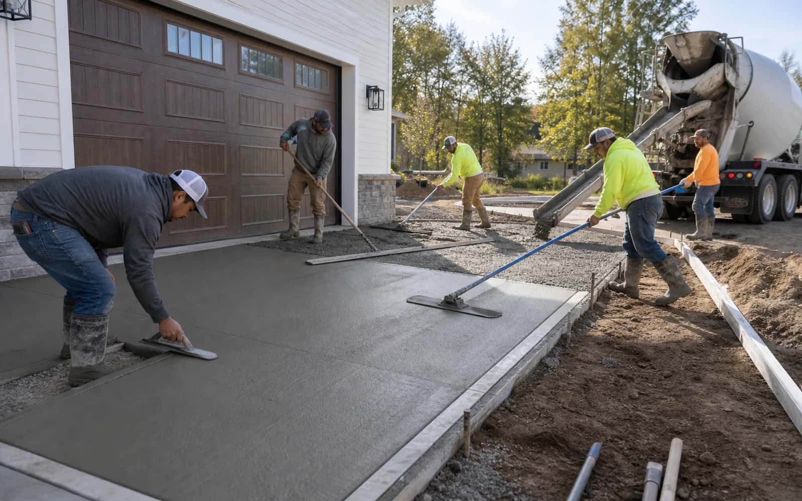 Concrete driveway pour and finishing work in progress with forms, screed, bull float, and safe crew