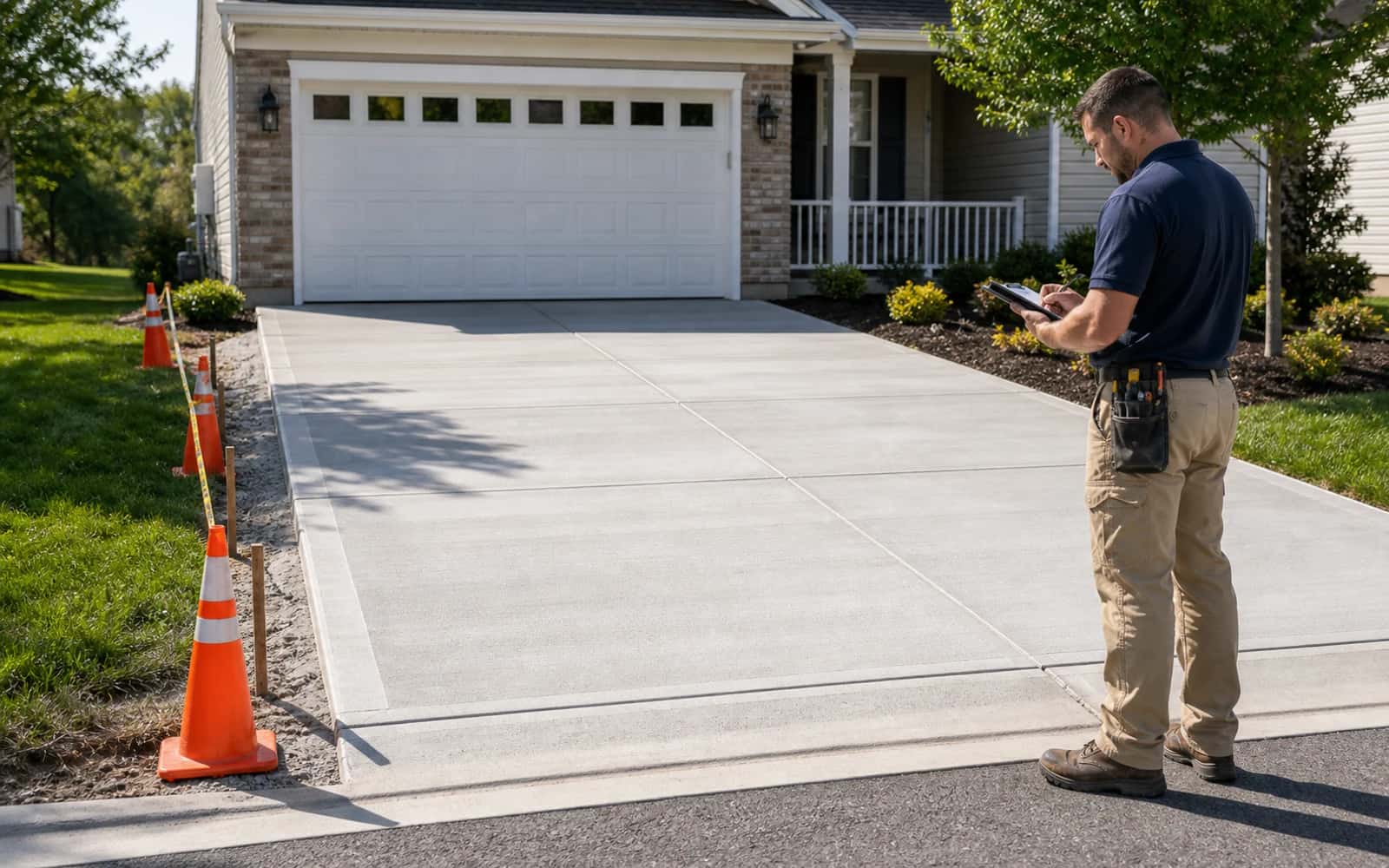 Finished concrete driveway with saw cuts, edge cleanup, curing, site cleanup, and final inspection