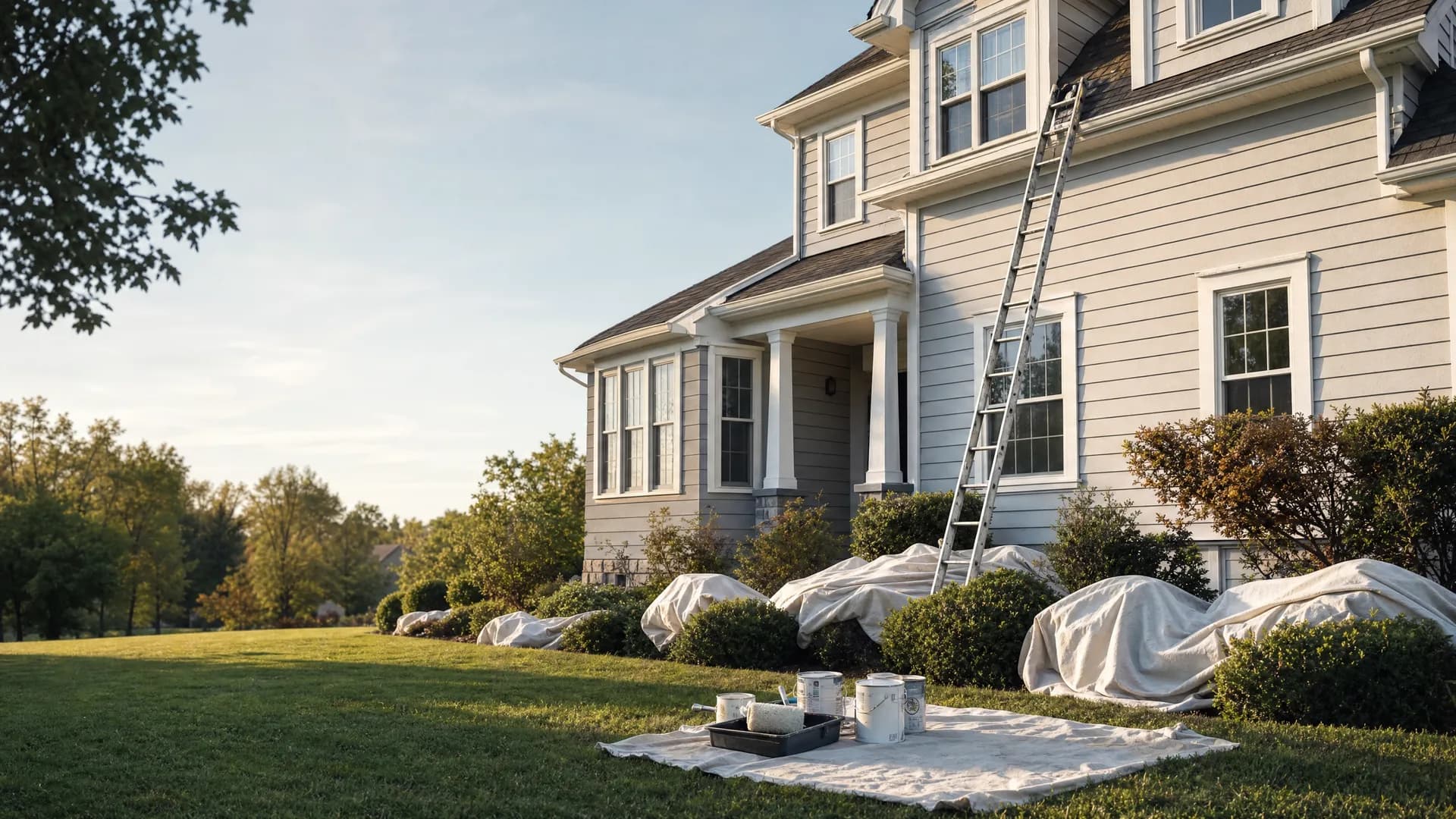 Lehigh Valley home exterior with freshly painted siding, crisp white trim, and painting equipment staged on the lawn.
