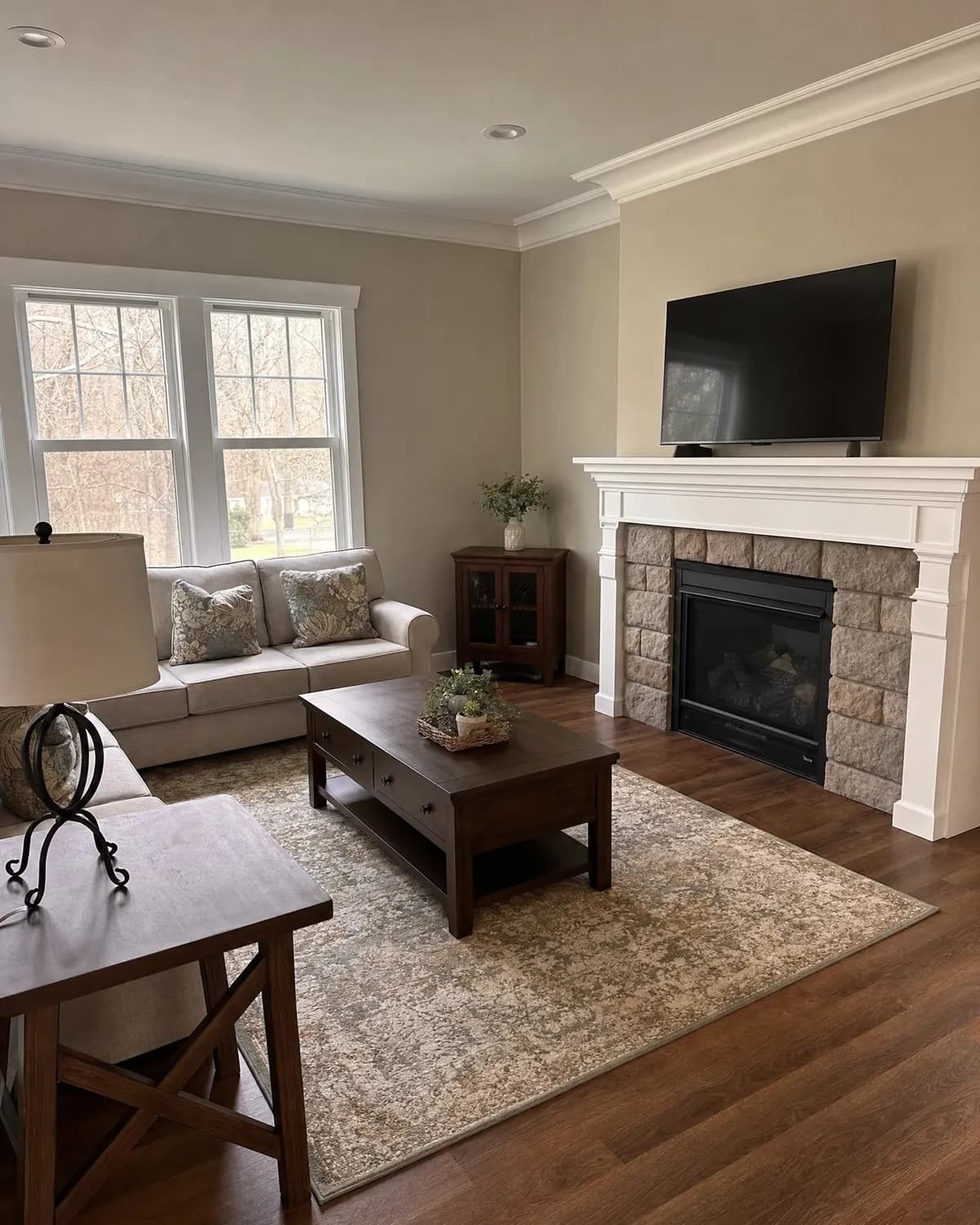 Freshly painted living room with smooth walls and crisp white trim