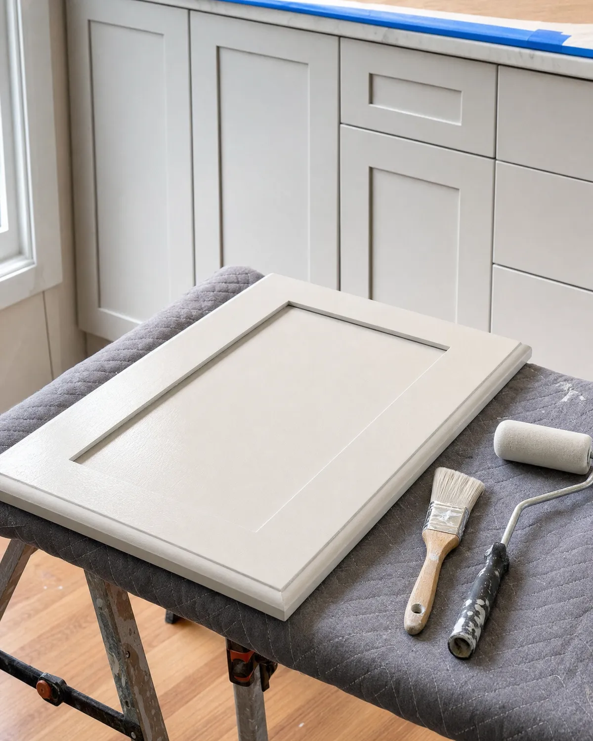 Kitchen cabinet door being refinished with a smooth satin paint finish