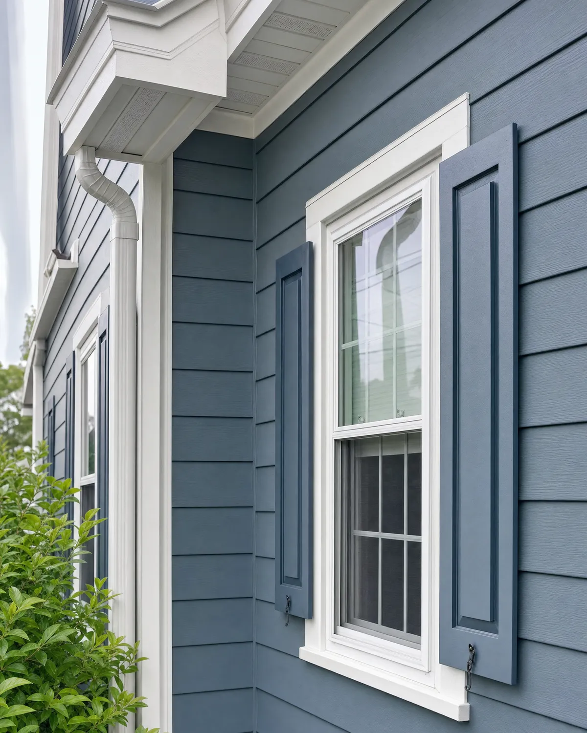 Exterior paint detail with fresh siding color and crisp repainted window trim