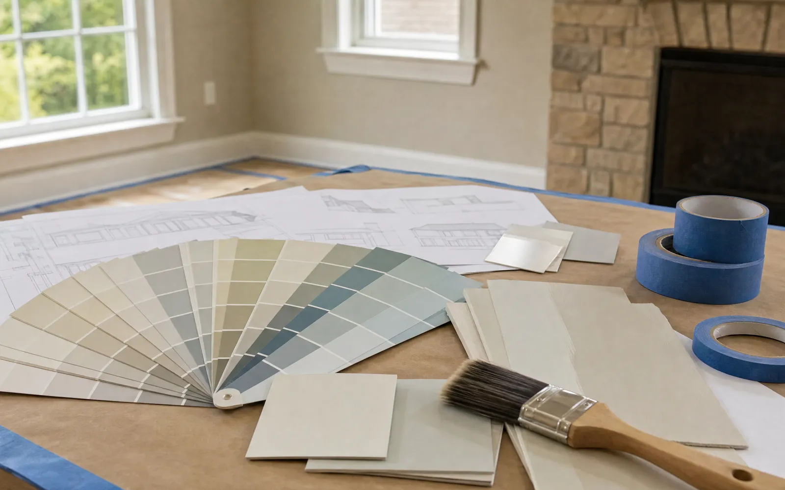 Painting planning table with color swatches, sample boards, tape, and brushes