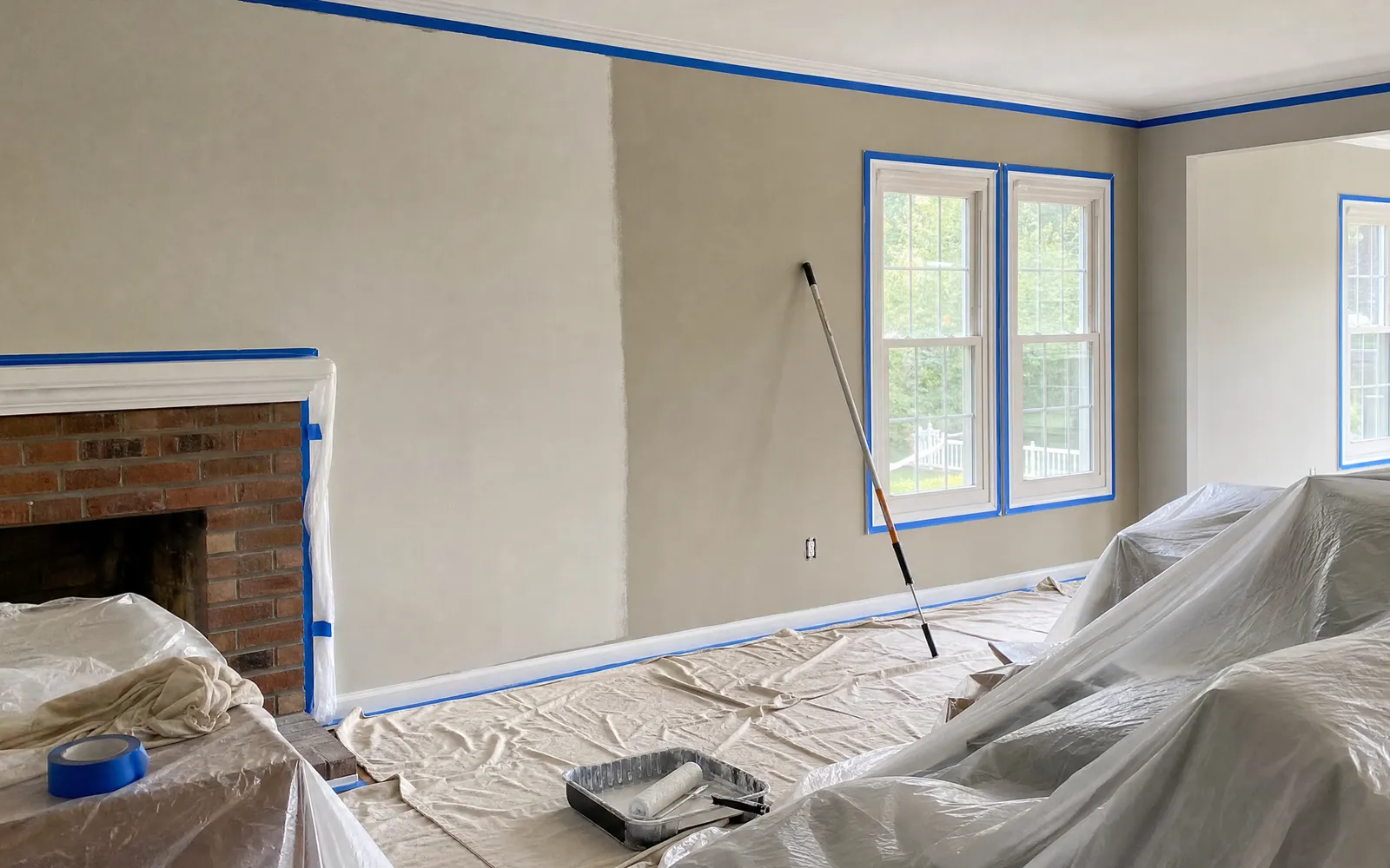 Living room prepped for painting with tape, drop cloths, and a first coat in progress