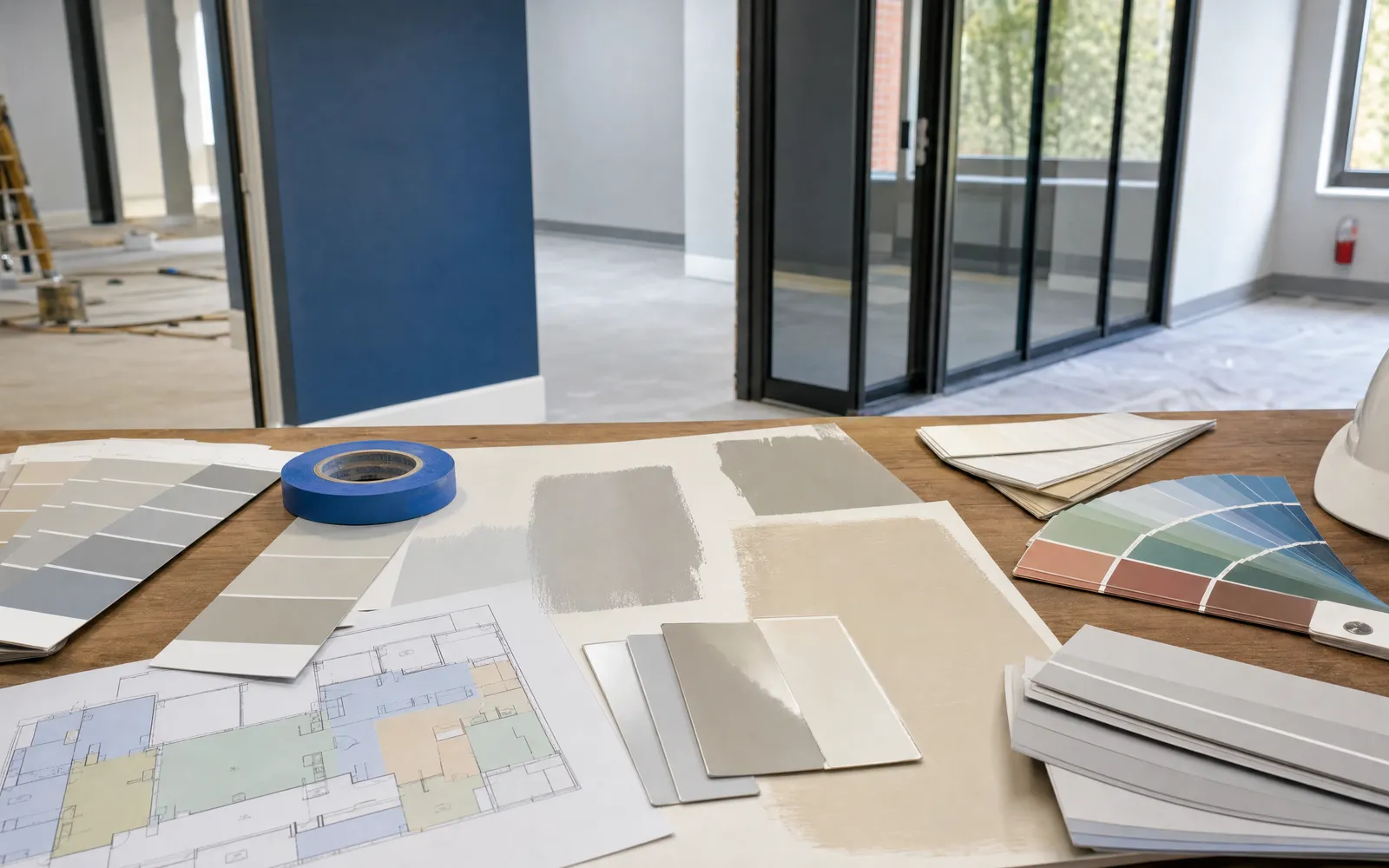 Commercial painting planning table with color chips, sheen samples, and a phasing plan