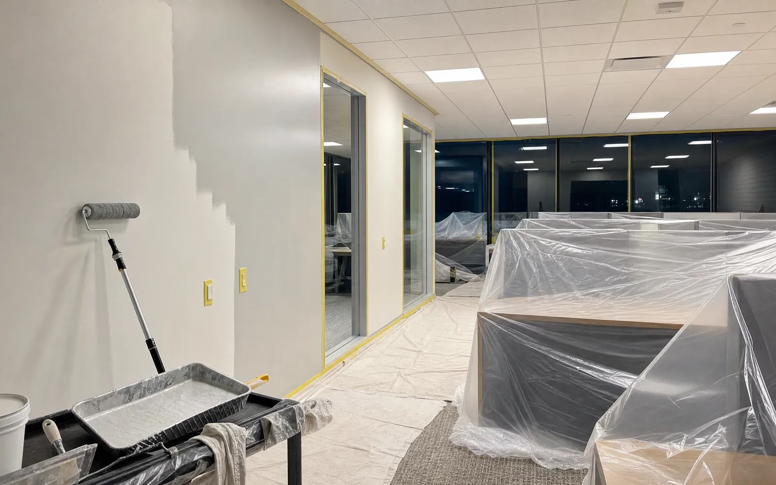 Office area covered and masked for an after-hours repaint with a first coat in progress