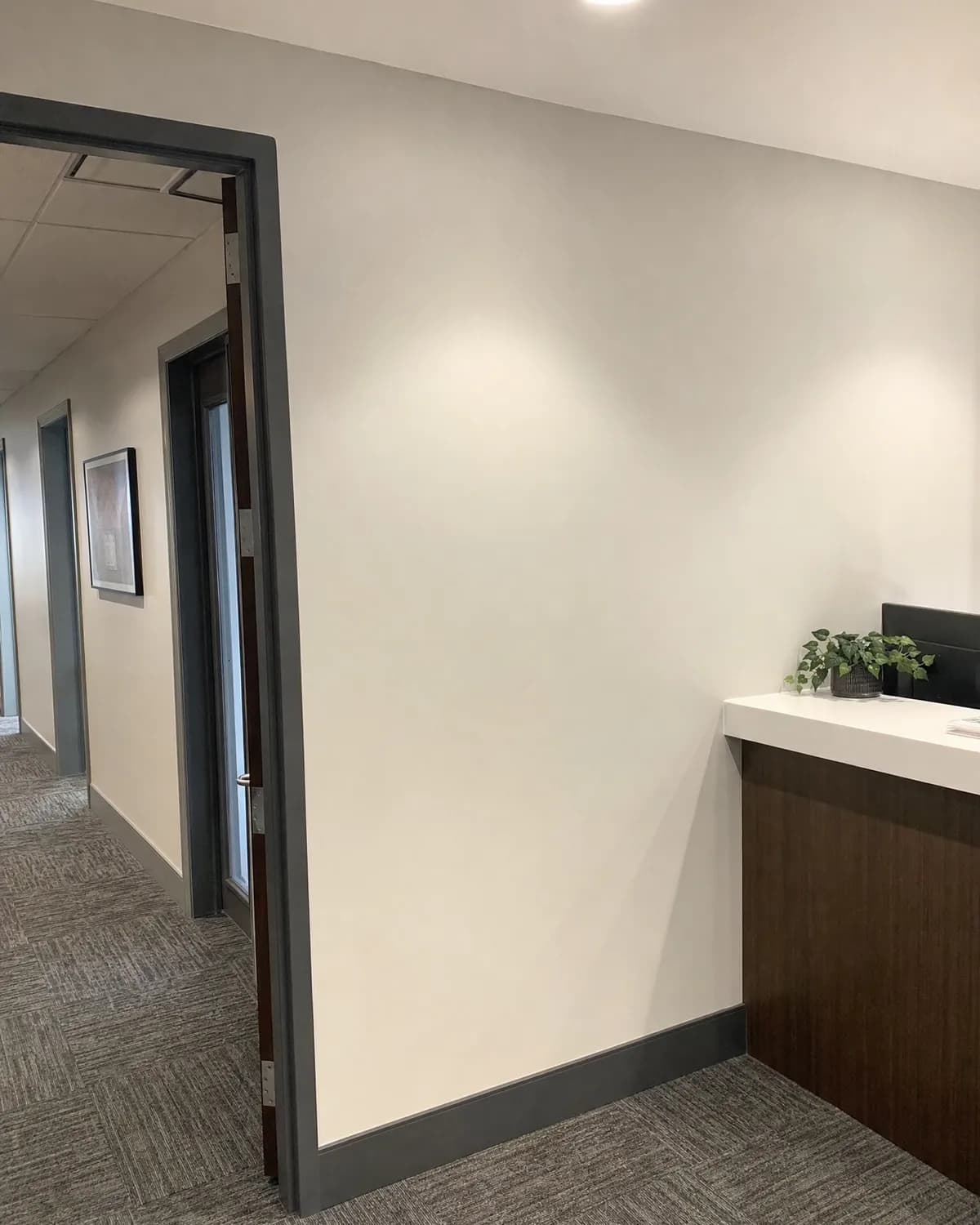 Completed commercial interior with flawless low-sheen painted walls and clean enamel door frame